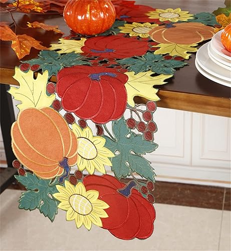Miniatura 6 de Camino de mesa de cosecha de otoño de 13 x 36 pulgadas, apliques bordados de calabazas bordadas para decoración de Halloween, Acción de Gracias,