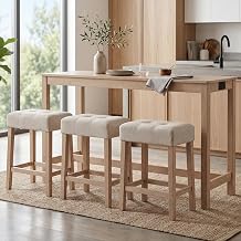 DUHOME 4 Piece Bar Table Set with Power Outlet,Dining Table Set | Industrial Breakfast Table with 3 Padded Stools Solid Wood Counter Height Bar Set for Living Room, Dining Room Natural