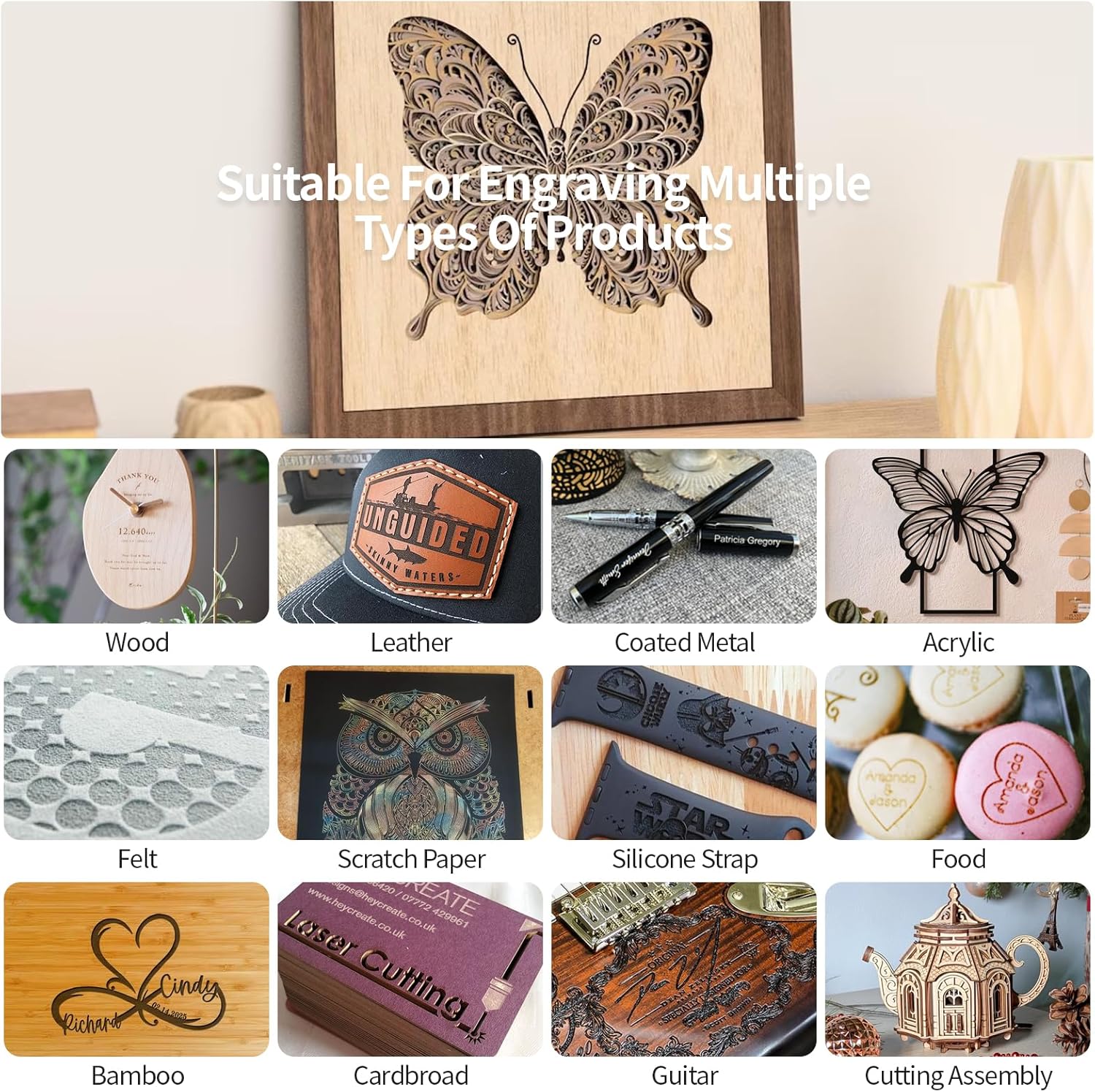 Examples of materials engraved by WAINLUX X2