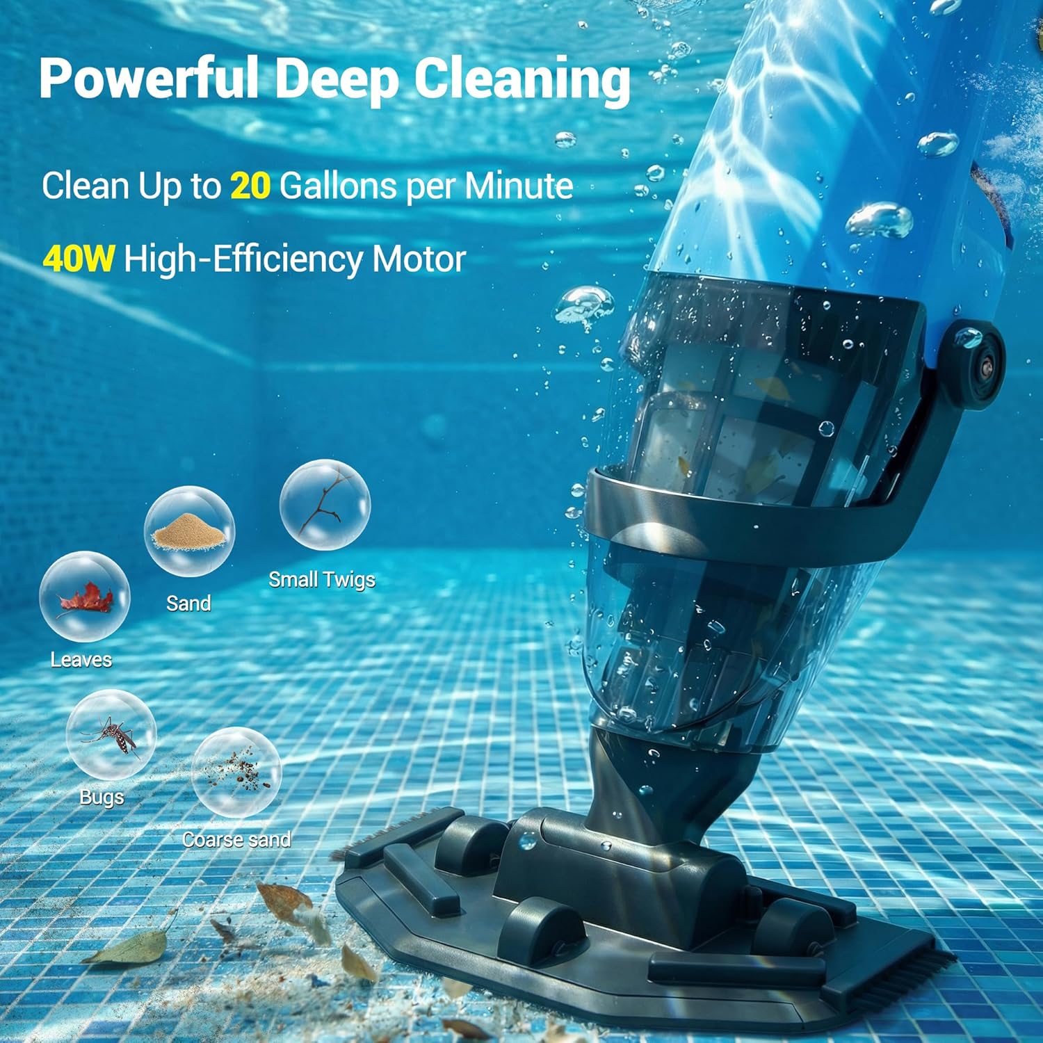 Handheld Pool Vacuum – 60min Runtime & 4-Section Aluminum Pole, Powerful Suction, Lightweight Cordless Rechargeable Pool Cleaner for Inground/Above Ground Pools with 120μm Fine Filter (Blue)