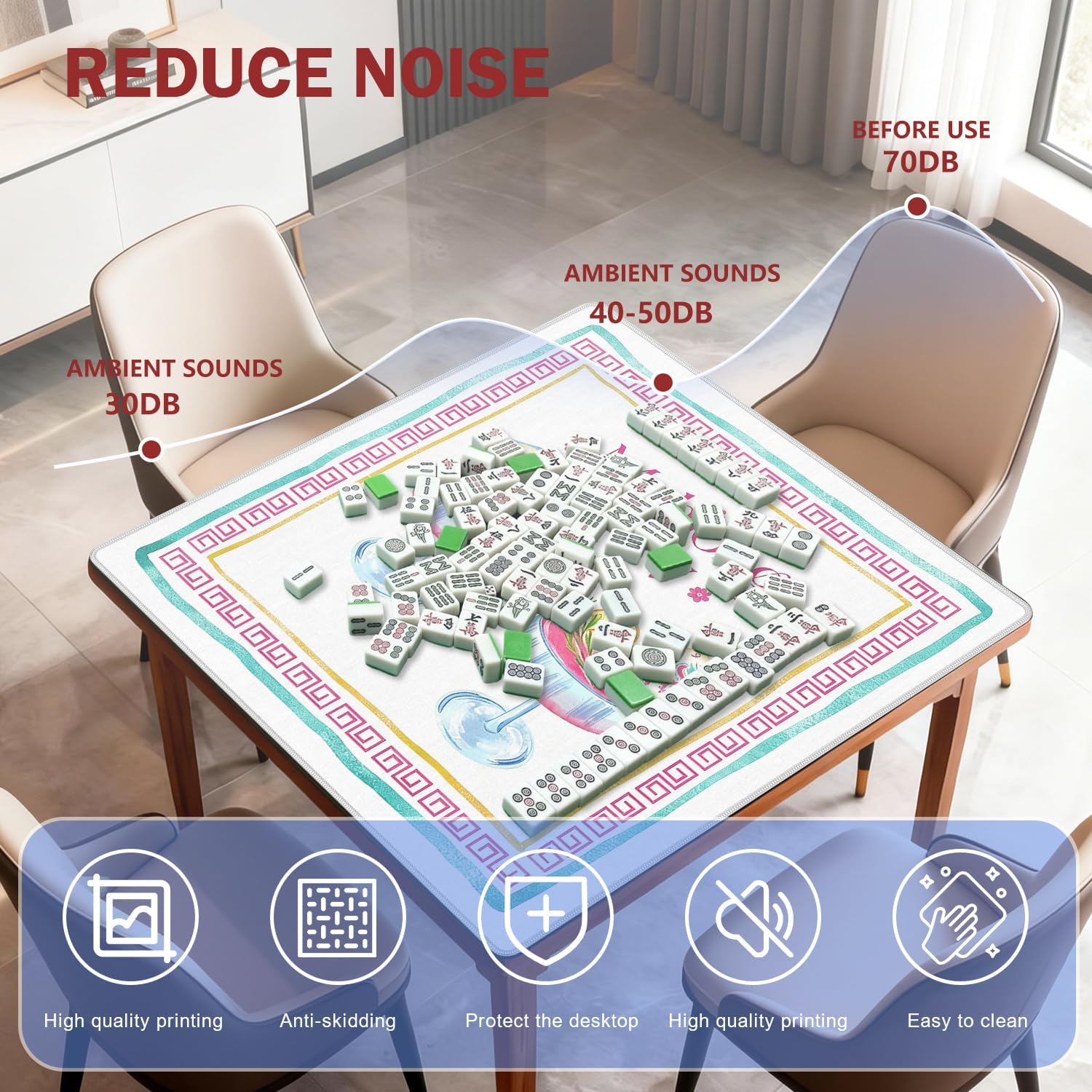 Pink and Blue Chinoiserie Cocktail Mahjong Mat for Table 31.5 x 31.5 in, Cocktail Lovers Gifts Non-Slip Noise Reduction Game Table Cover for American Mahjong Card Board Tile Games