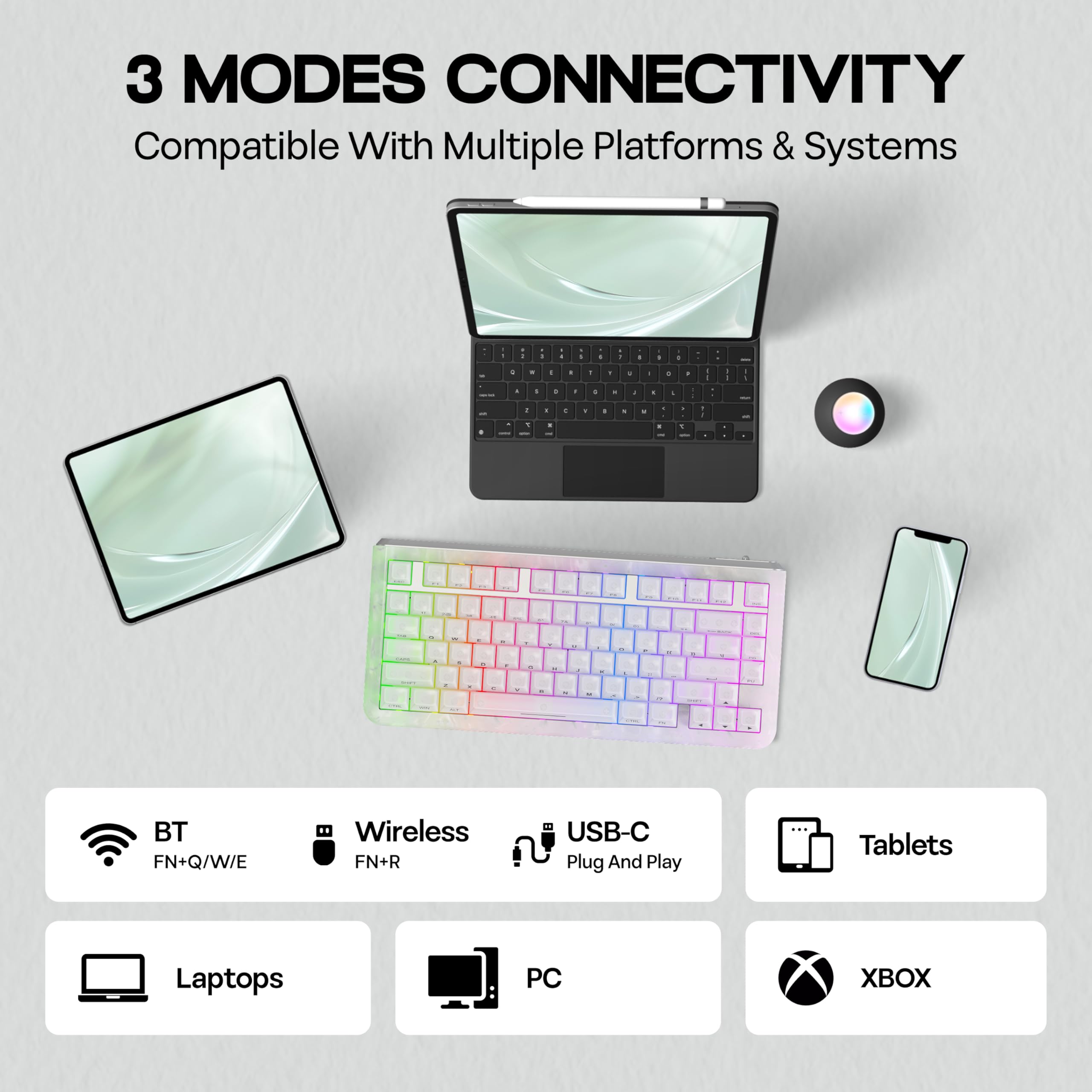 KiiBoom Jade75 75% CNC+UV Resin Molding Tastiera Meccanica con RGB, BT5.0/USB-C/2.4 GHz Tastiera Wireless Gaming Tastiera, QMK&VIA Programmabile, Hot Swappable per Windows/Mac/Linux (bianco)