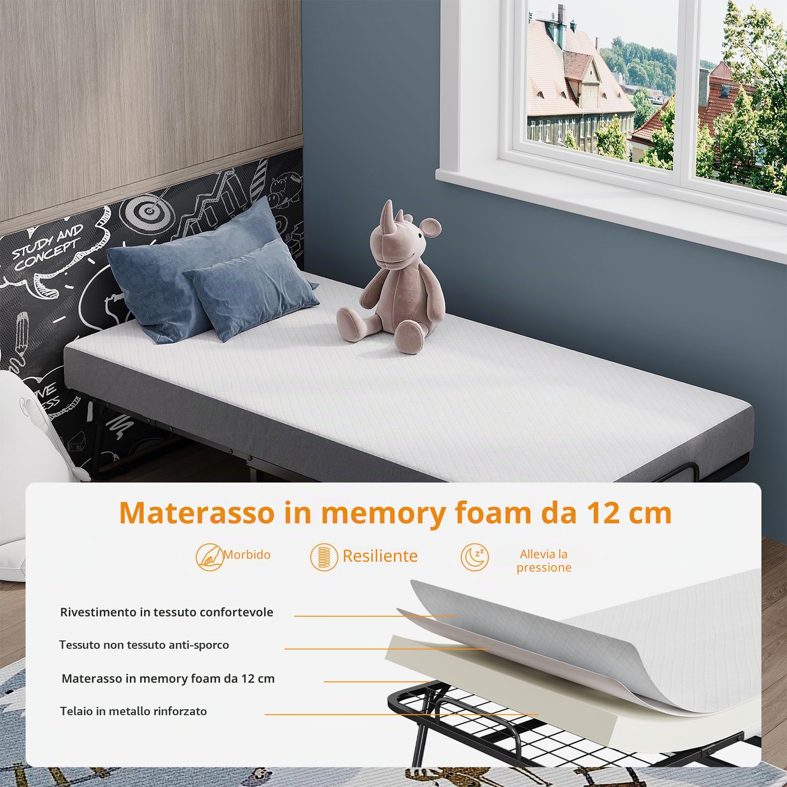 CAIYUN - Lettino pieghevole 190x100 cm (misura singola) con materasso in memory foam da 13 cm di alta qualità – Pratico letto da giorno e per gli ospiti per adulti, incl. rotelle e copertura
