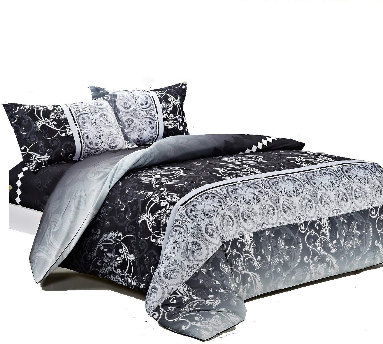 Swanson Beddings Black Floral 3-Piece Microfiber Bedding Set: Duvet Cover and Pillow Shams (Queen)
