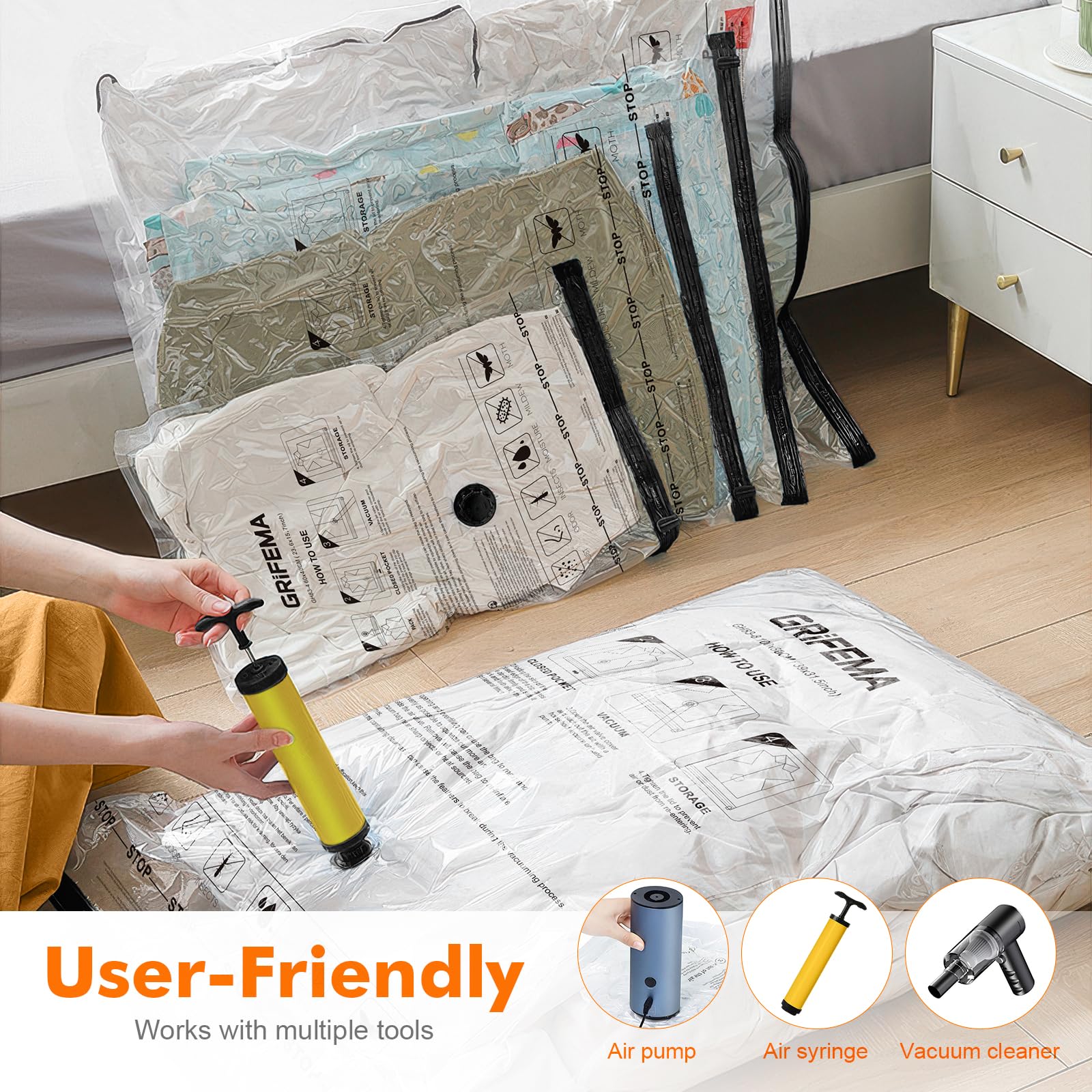 GRIFEMA GH83-4, 6 Pack Vacuum Storage Bags, 60x40 cm Reusable Compression Bags for Clothes Bedding & Travel - Image 4