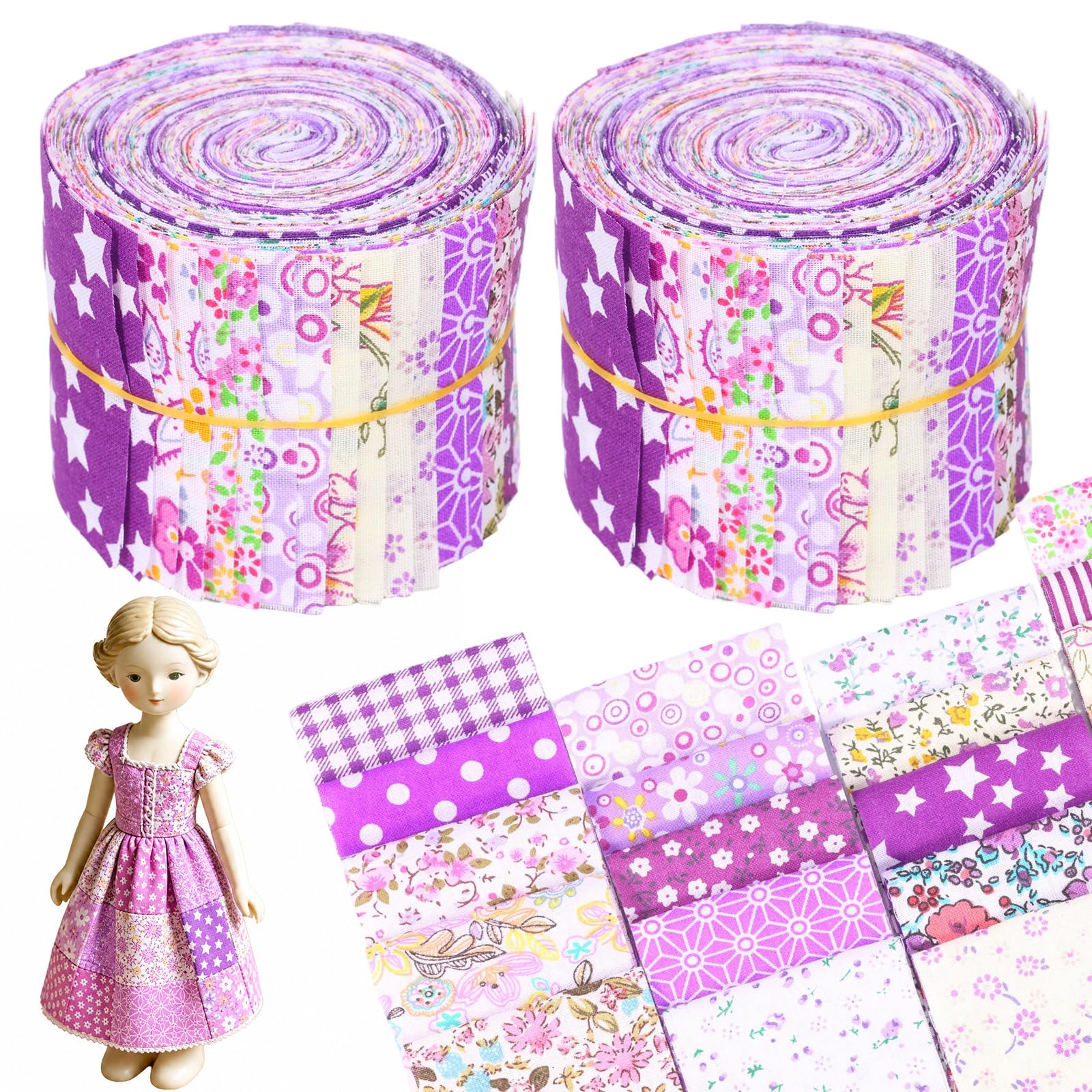 80Pcs Jelly Roll Fabric 2.5x19.7inch Cotton Quilting Fabric Vintage Floral Sewing Supplies for Quilting Sewing Purse Making(Purple)