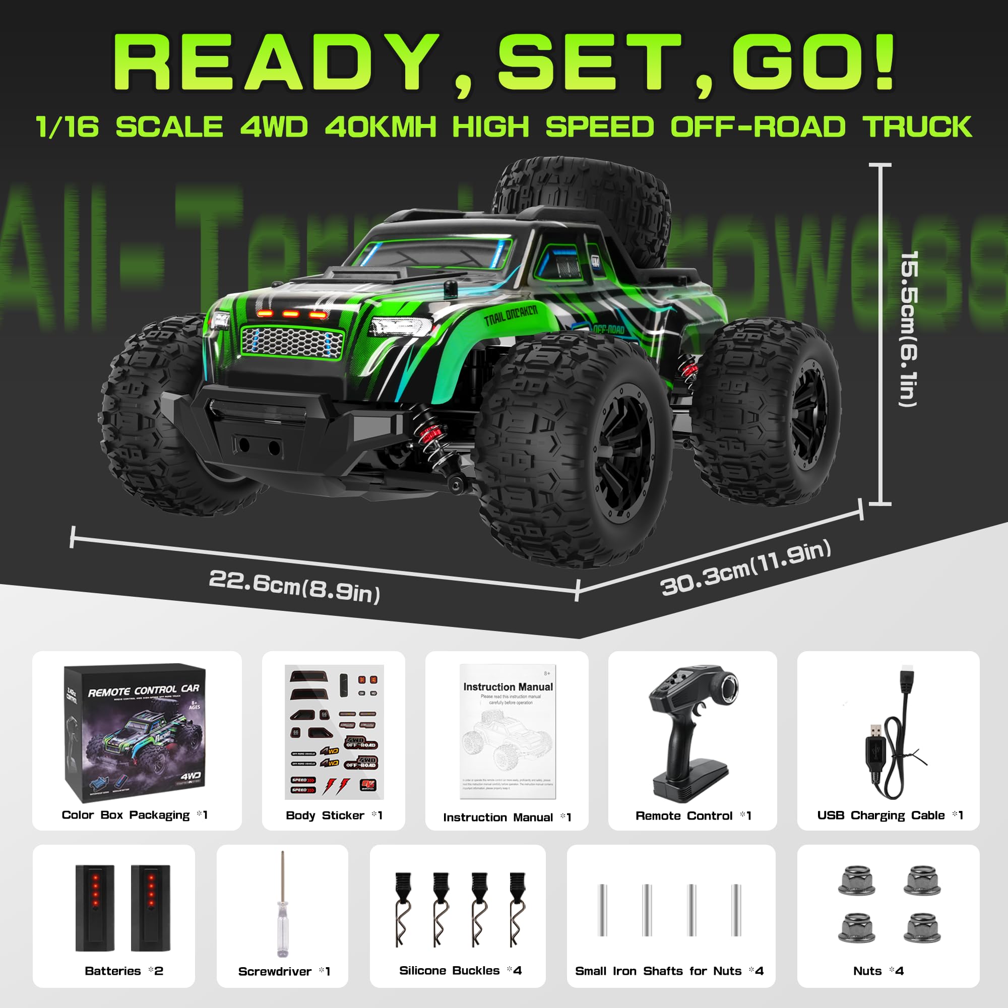 BAZADER Voiture Télécommandée Tout Terrain - 1:16 40Km/H Haute Vitesse | 4x4 RC Voiture Voiture Téléguidée 2,4 Ghz Avec Lumières Rvb Truck Radiocommandéé TéLécommandé Avec 2 Batteries Rechargeables