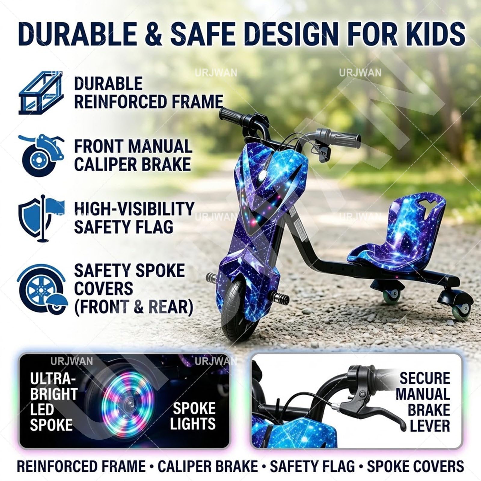 Triciclo Eléctrico para Niños de 5 a 8 Años, Realizar Derrapes y Giros de 360°, Carro Electrico Niño Montable, Juguete Scooter Eléctrico para Niños con Luces de Colores 6-Inch-C