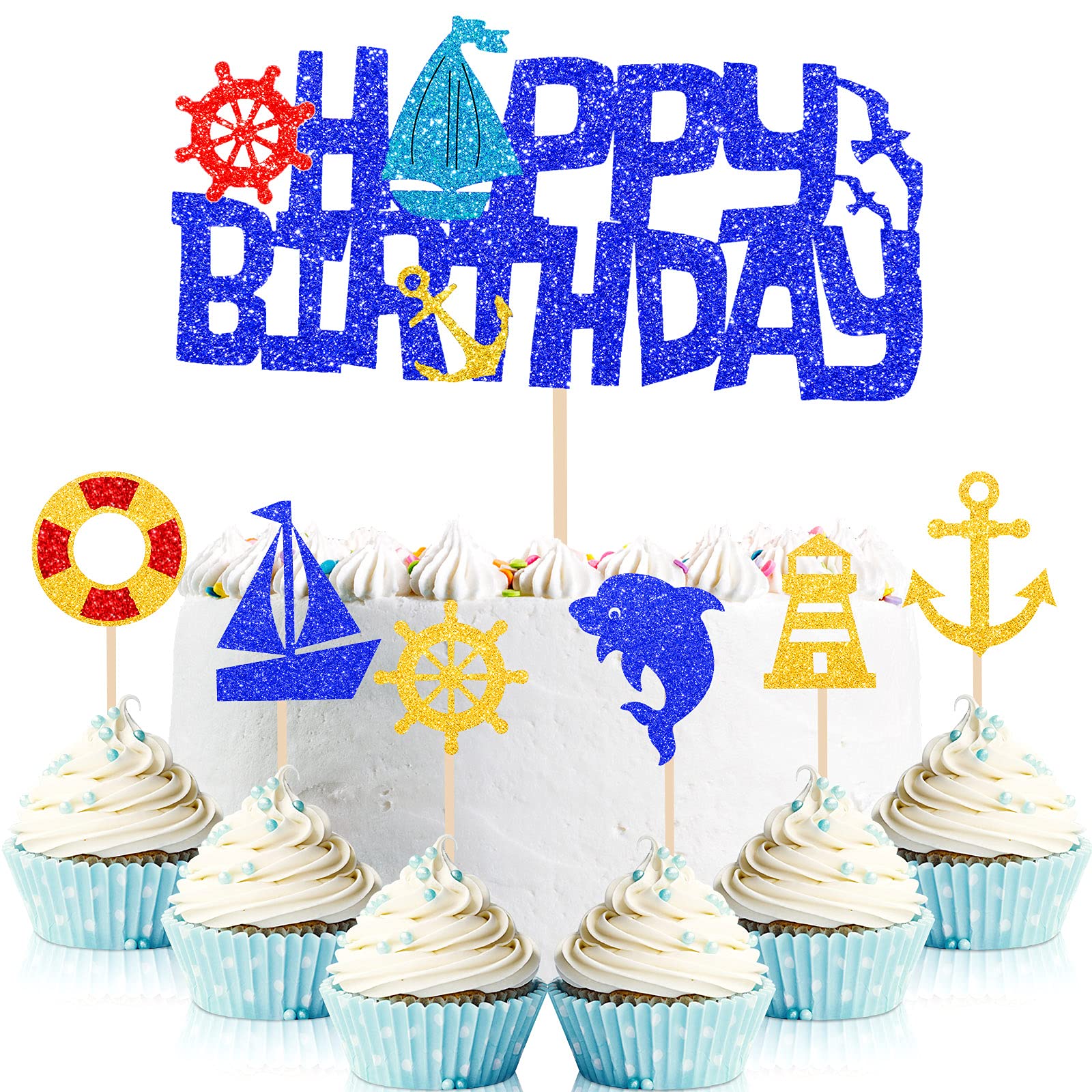 Buy 49 Pieces Glitter Nautical Cupcake Toppers Boat Anchor Cupcake