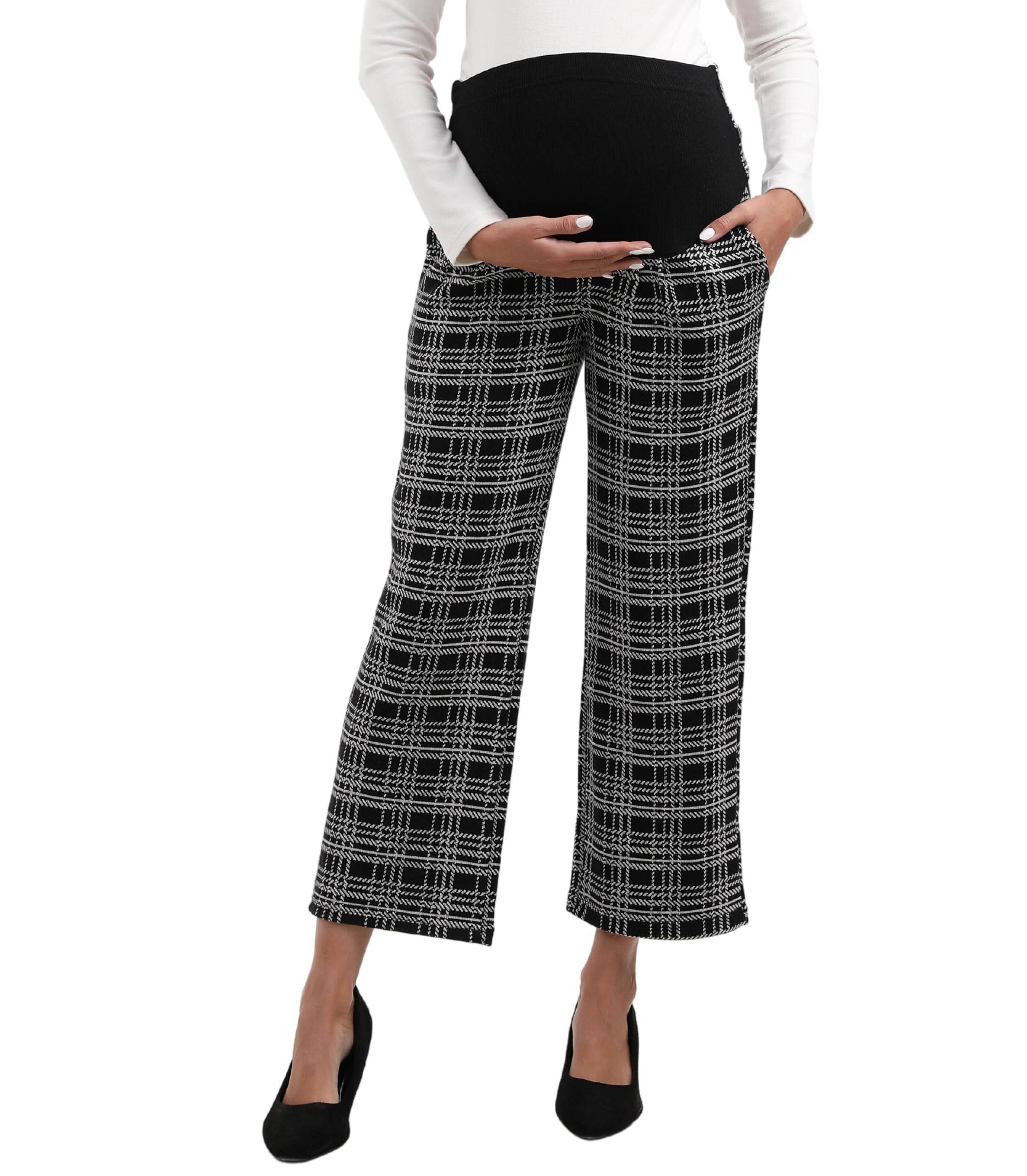 Alina Mae Maternity Women's Wide Leg - Plaid Maternity Wide Leg Pants Comfortable Stretch Over-Bump Pregnancy Casual Capris For Work, 16-18