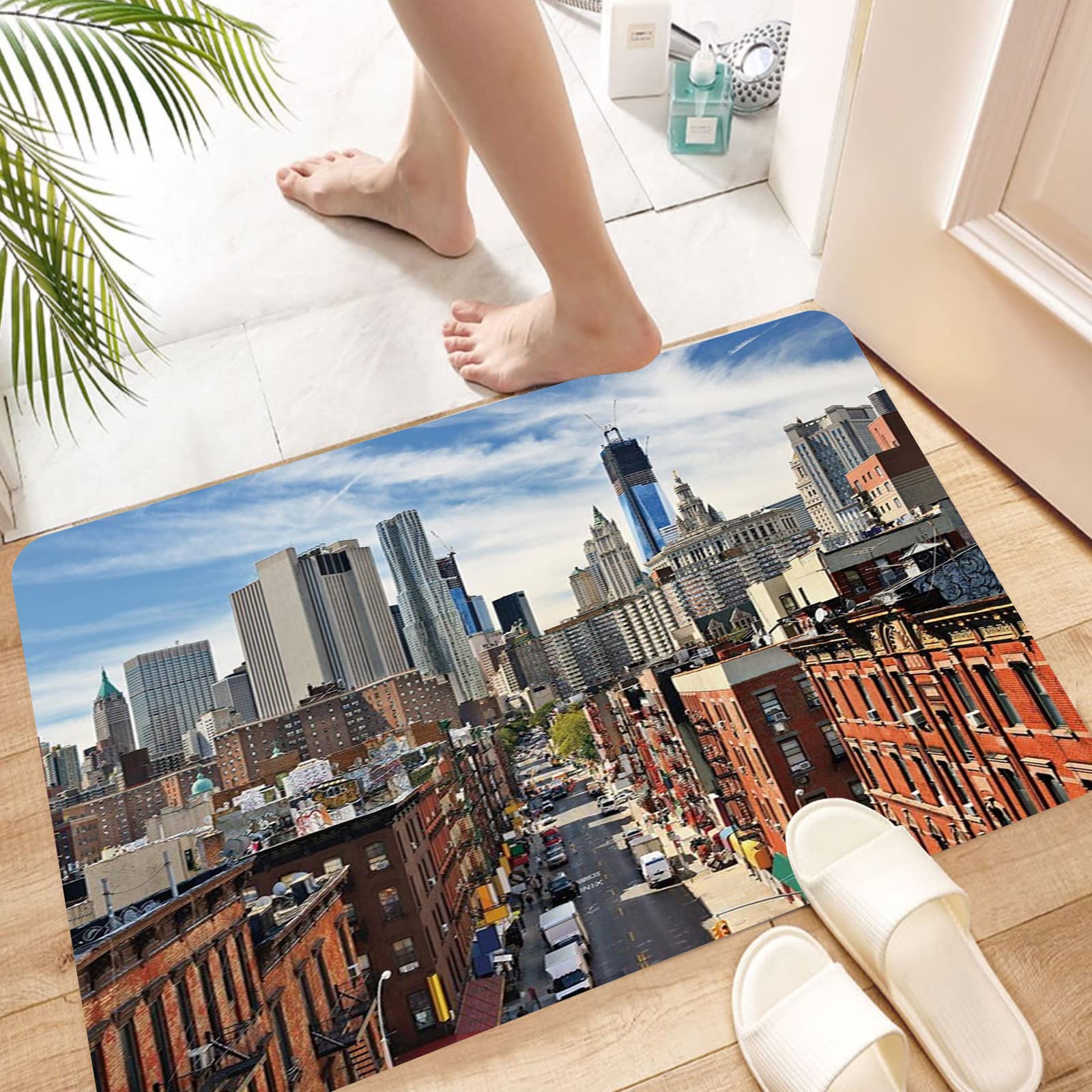 Microfiber Non-Slip Bathroom Rug,City,Lower Manhattan Cityscape Famous Travel Destination NYC Avenue Historical,Dark Orange Grey Blue,Super Soft, Water Absorbent, Dry Fast Design For Bath And Shower