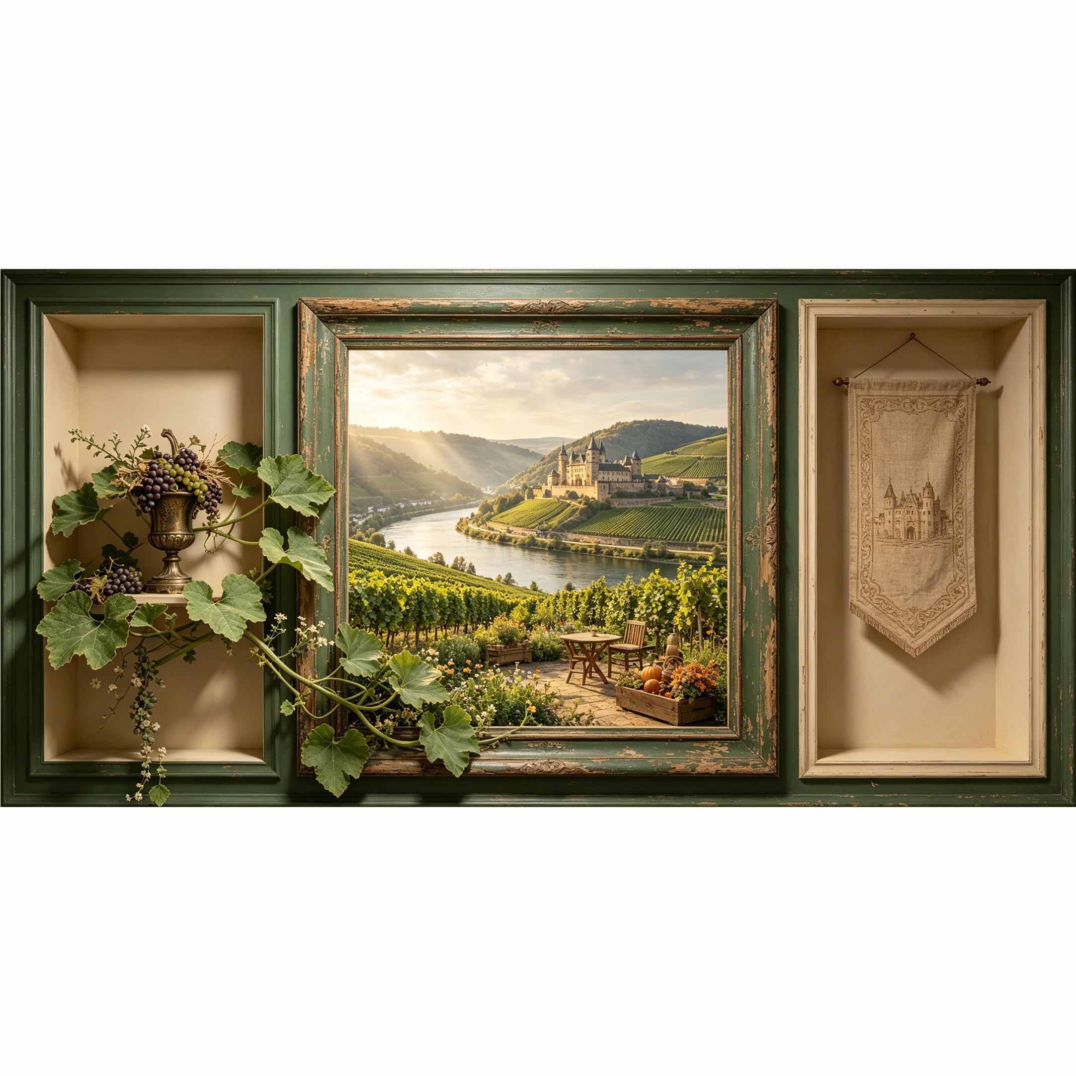 QZLITHOTIC 50x100cm 3D Framed Wall Art， European Castle Vineyard Landscape Oil Painting Self‑Adhesive Mural， Water‑Activated Peel & Stick Fabric Decor Wall Decal for Bedroom Living Room