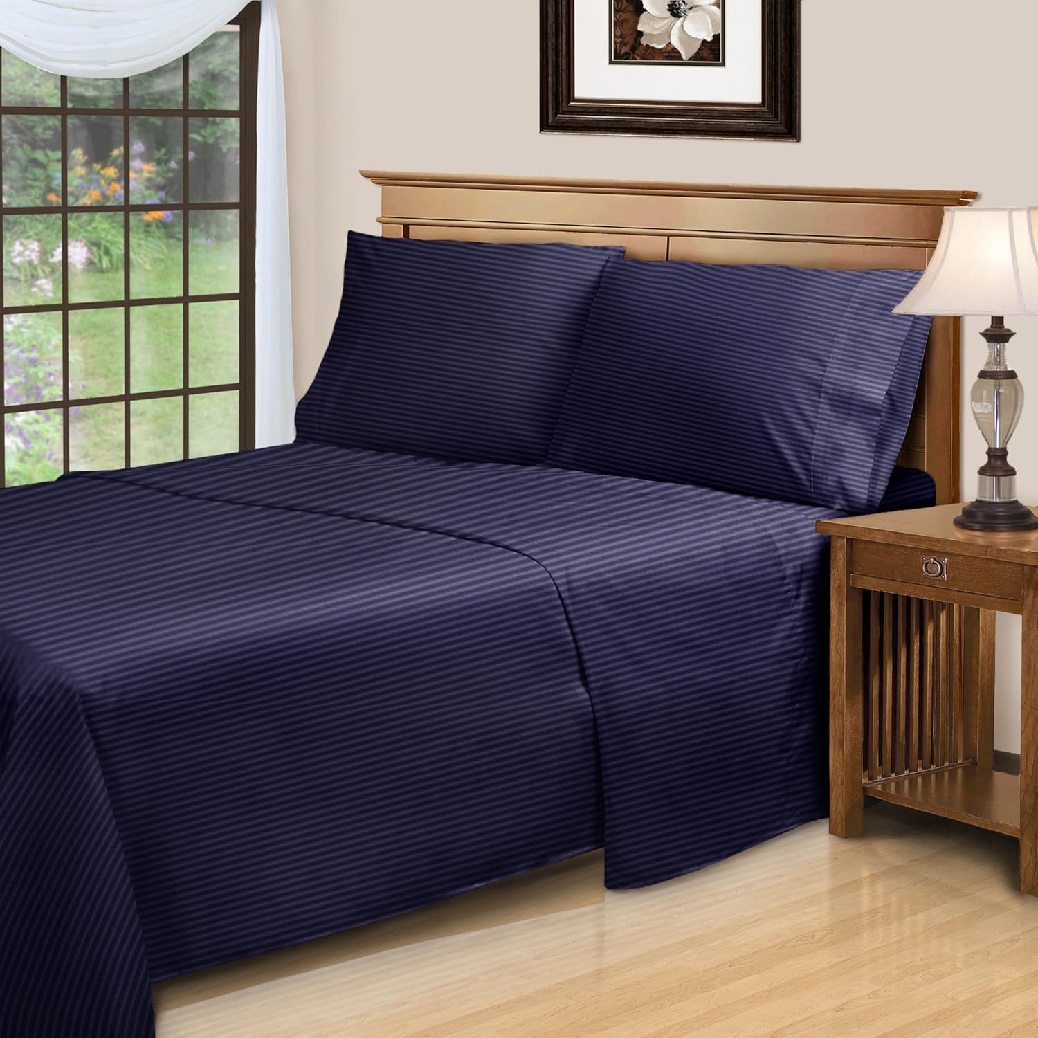 Superior Egyptian Cotton 300 Thread Count Bed Sheet Set, 1 Elastic Deep Pocket Fitted Sheet, 1 Flat Sheet, 1 Pillowcase, Daily Sheets, Luxury Home Essentials, Striped, Twin XL, Navy Blue