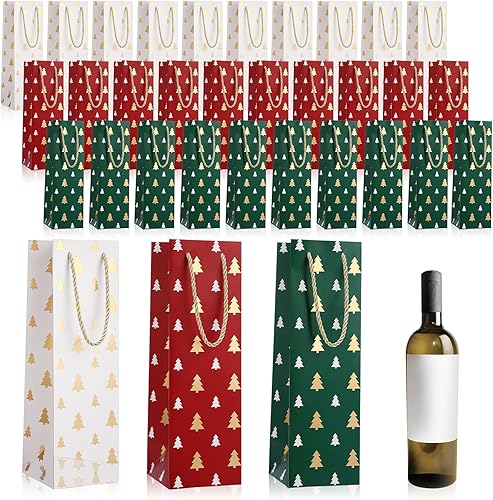 Woanger 60 bolsas de regalo de vino de Navidad, bolsas de papel kraft a granel para vino con asa, bolsas de regalo de color rojo, verde y blanco,