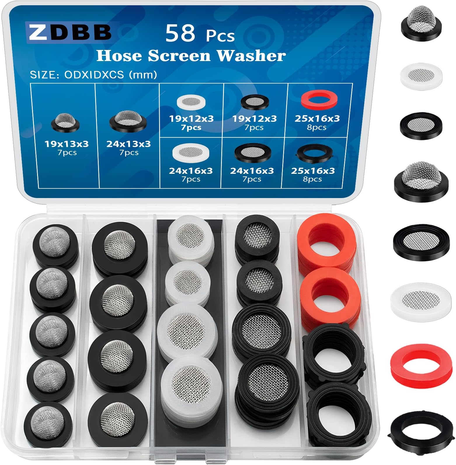 ZDBB 58 PCS Shower Head Garden Hose Screen Filter Gasket.Stainless Steel Water Filter Hose Washer Kit for 1/2,3/4 Inch Plumbing Faucet Screen Fittings and 5/8" Washing Machine Inlet Line Connection