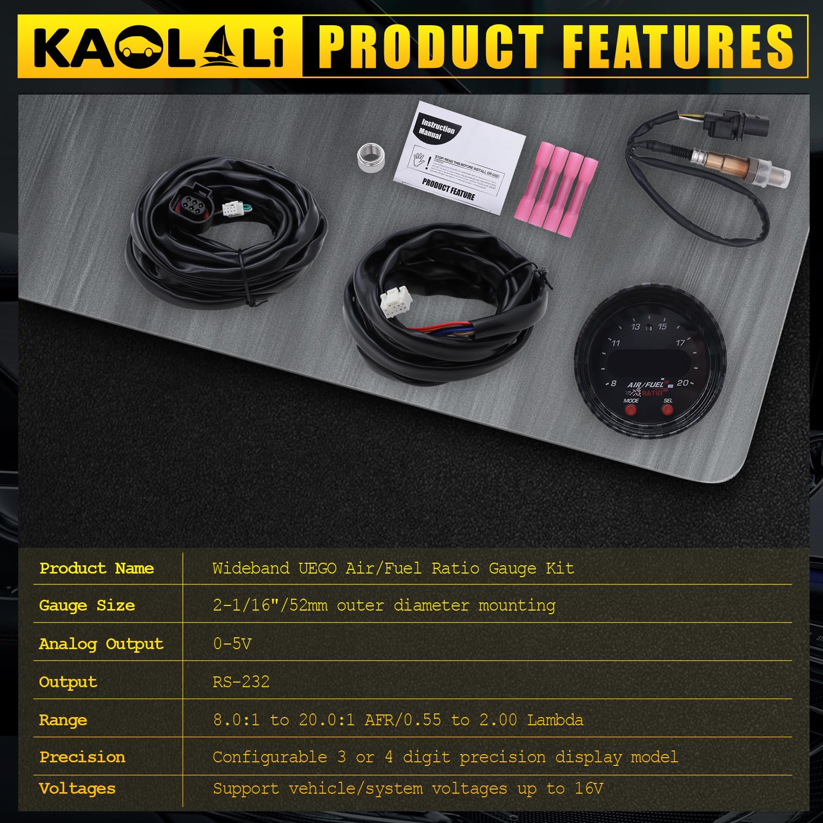 KAOLALI Affichage du Contrôleur de Capteur AFR, 30-0300 X-Series Wideband UEGO AFR Contrôleur Contrôleur Gauge 30‑0300 Ratio de Carburant d'air Affichage de 52mm (2-1/16”) Auto