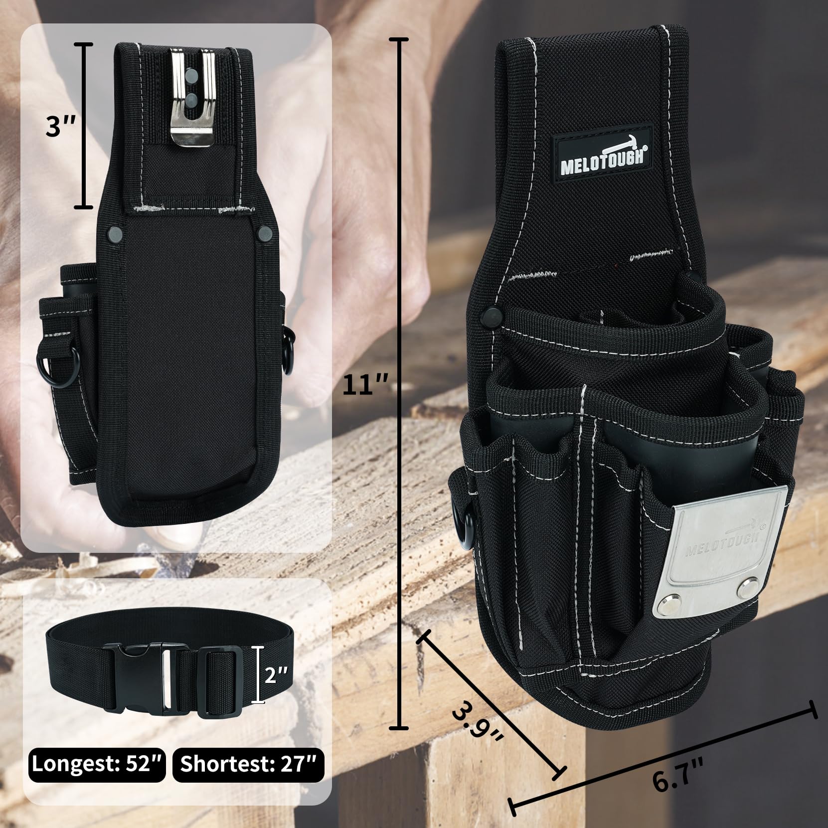 MELOTOUGH Pochette porte-outils pour ceinture avec clip de ceinture à dégagement rapide, grandes poches et boucle, accessoire à clipser