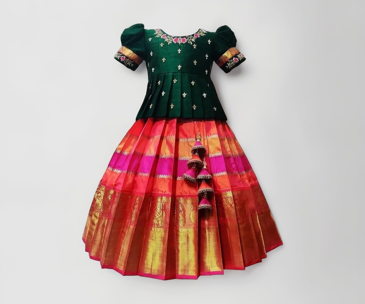 Girls Polyester Blend New South Indian Traditional Pattu Pavadai Jecquard Readymade Lehenga Choli Dress
