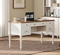 Vista 12 de Escritorio ejecutivo de estilo granja WAMPAT con 5 cajones, escritorio de oficina para el hogar con estación de carga, escritorio de madera