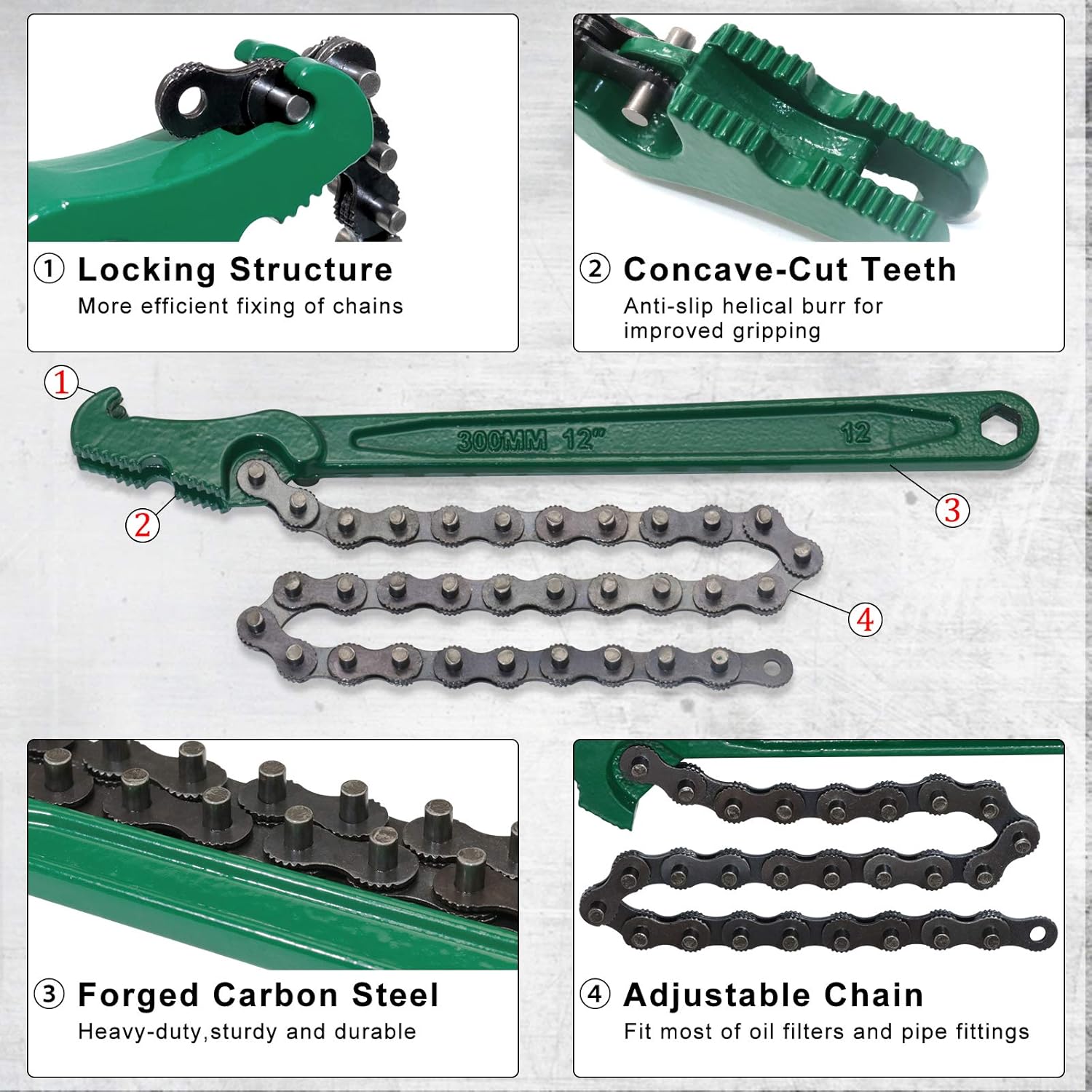 12 Inch Heavy-Duty Ratcheting Chain Wrench Reversible Oil Filter Tool Pipe Fittings Tools Fit Max 6 Inch Diameter