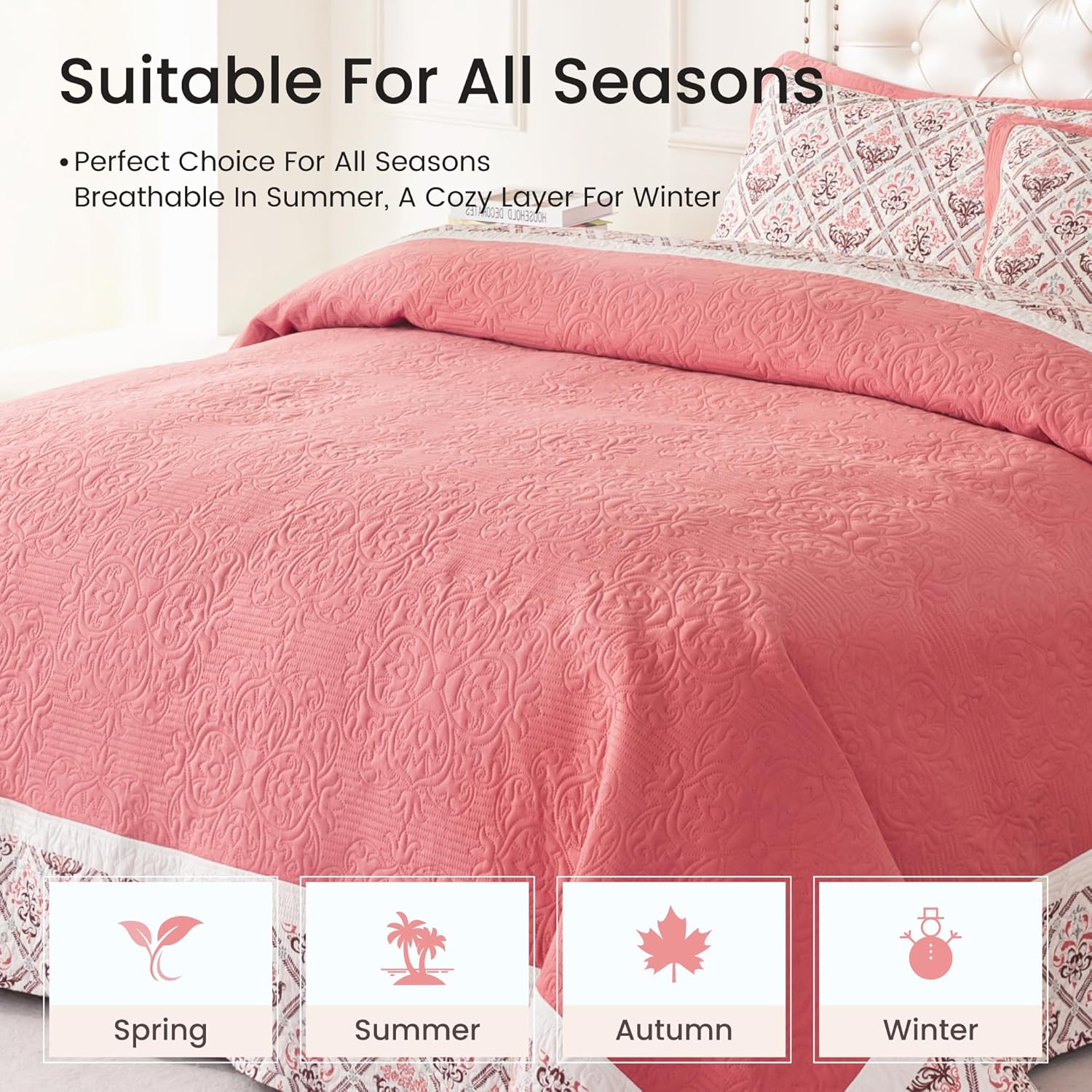 Sophia & William Coral Pink Queen Patchwork Quilt Set - 3 Piece Lightweight Reversible Damask Coverlet with Floral Border Pattern, 1 Quilt (90x96”), 2 Pillow Shams (24x30) with 2" Decorative Flanges