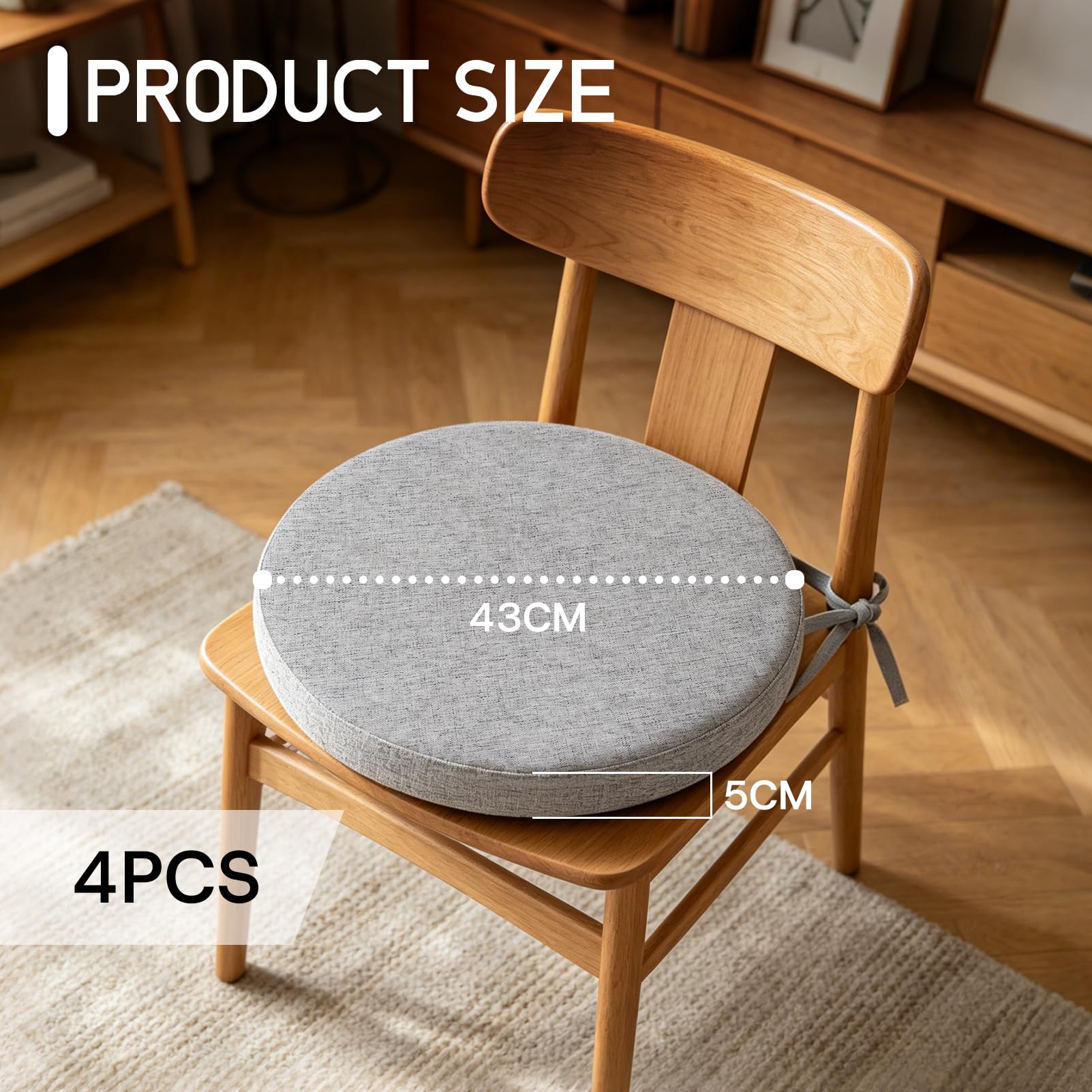 Cuscini Rotondi per Sedia, 43x43x5 cm, Grigio, Set da 4 | Con laccetti, In lino, Rimovibili, Memory foam, Lavabile, per sedia da ufficio, sedia da giardino, sedia da balcone