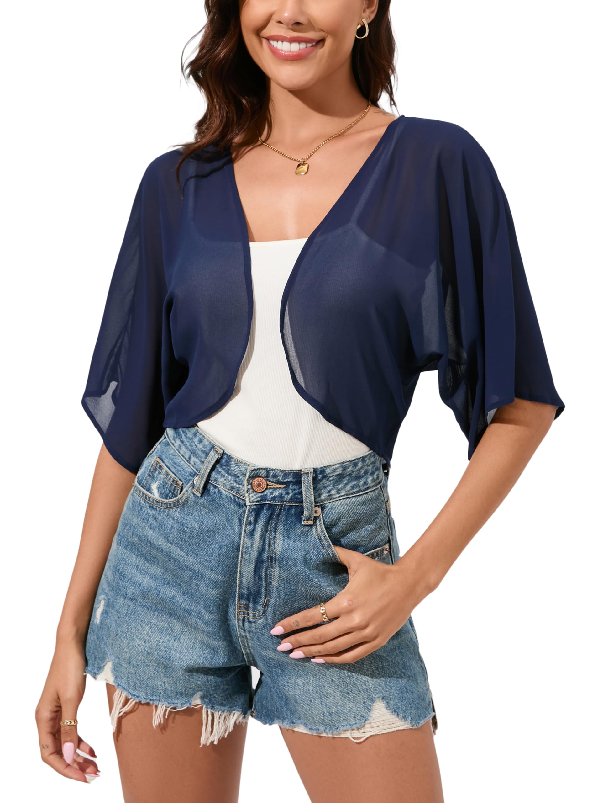 Damen Bolero Chiffon Elegant Bolerojacke Leicht Luftig Jäckchen 3/4 Ärmel Dünne Schulterjacke zum Kleid Top