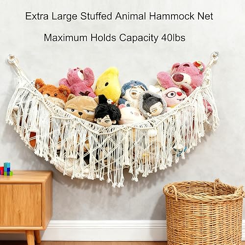 Miniatura 5 de Hamaca o red para animales de peluche con luces LED, extra grande para colgar en la pared, redes de almacenamiento de animales de peluche para oso