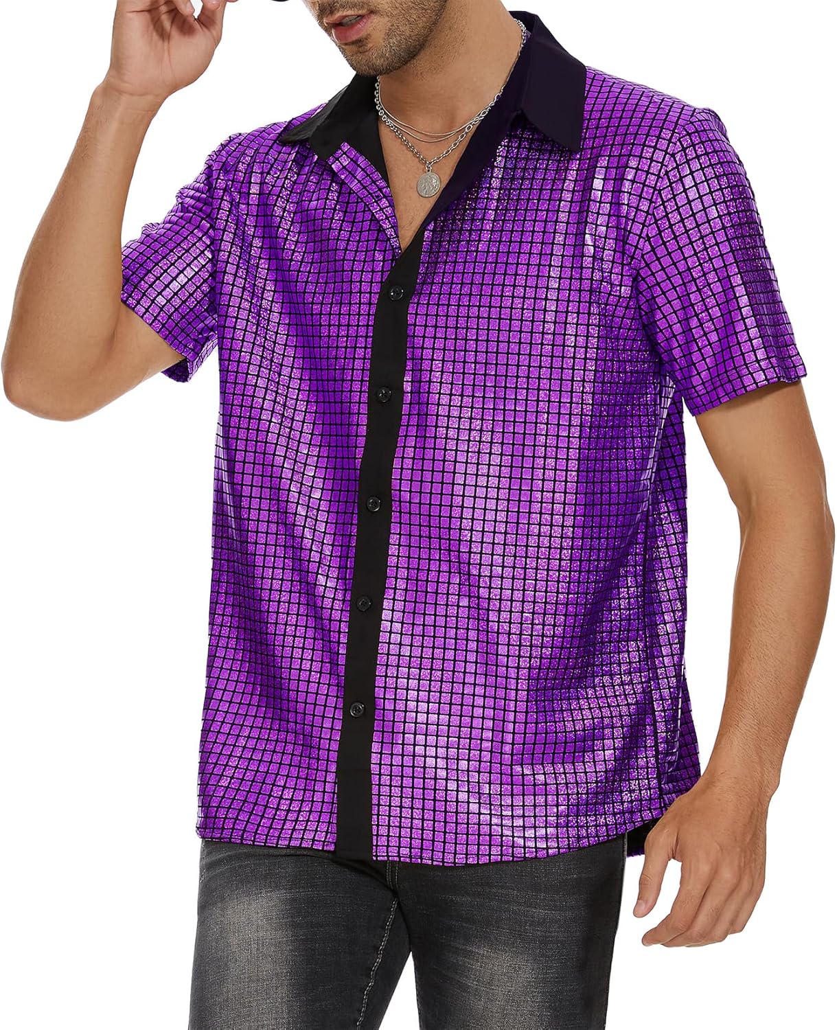 Century Star 70s 80s Disco Outfits Shirt for Men-Vintage Metallic Button Up Party Shirts - Image 2