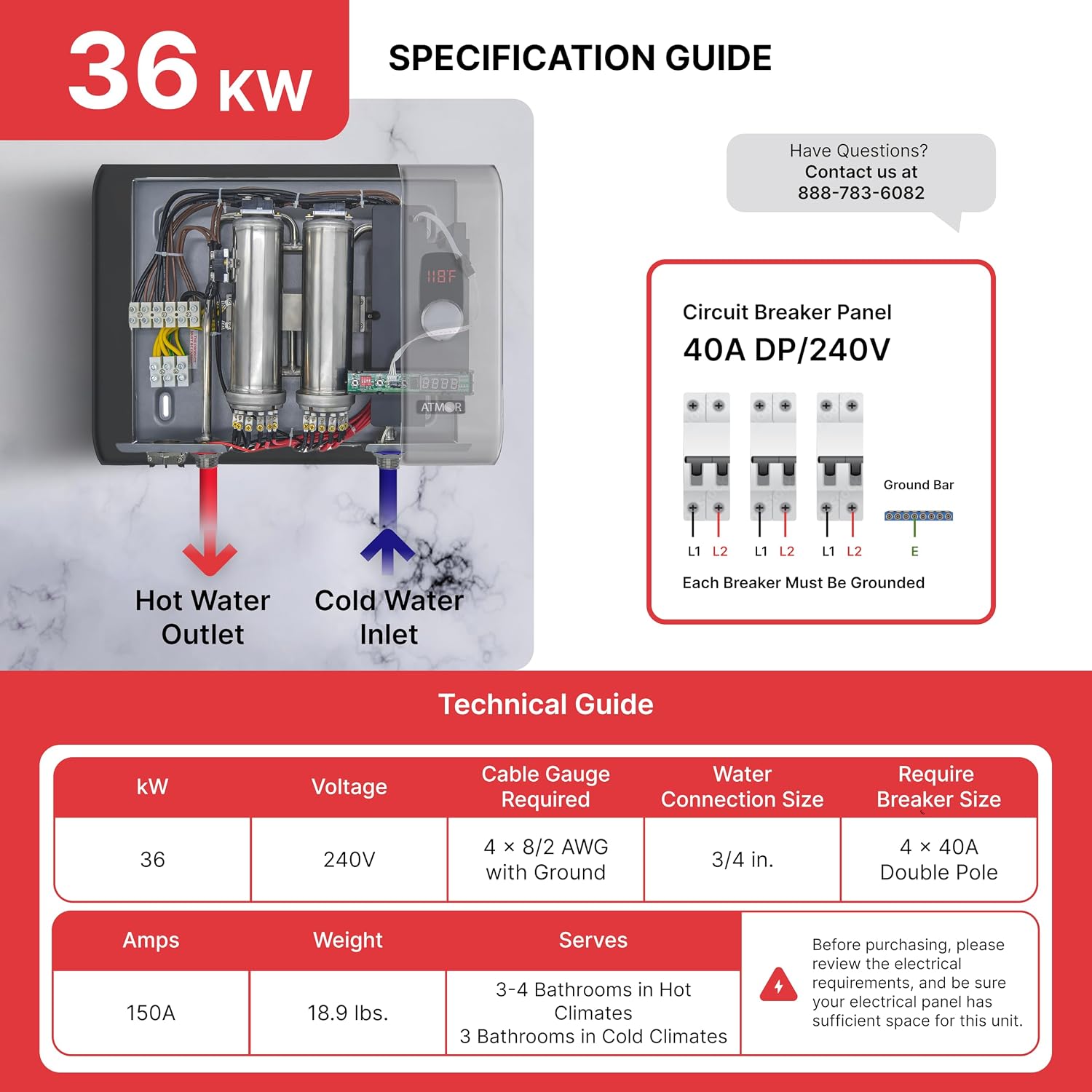 Atmor PRO XTP Series 36kW 7.03 GPM Self-Modulating Electric Tankless Water Heater, Whole-Home Instant Hot Water, Digital Control, Over-Temperature Protection