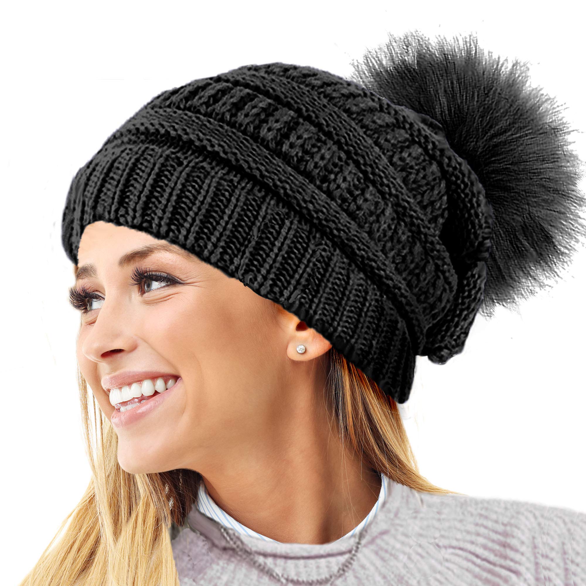 Toskatok Women's Black Toskatok® Textured Knit Beanie Hat With Detachable Faux Fur Pom Pom - Buy With 1 2 Pom Poms…