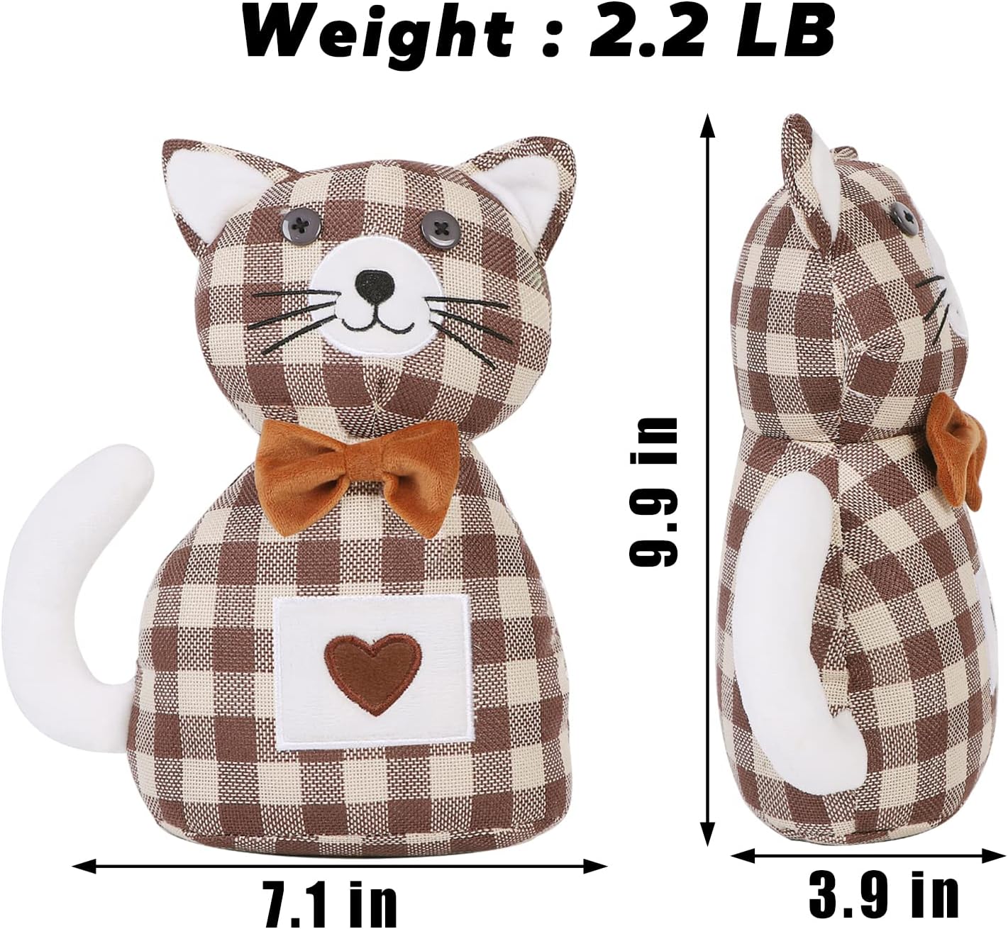 Cute Animals Decorative Door Stoppers, Soft Durable Fabric Weighted Interior Wall Protector for Home & Office, Anti Collision Heavy Duty Compact Floor Decor Book Stopper, Plaid Cat image 2