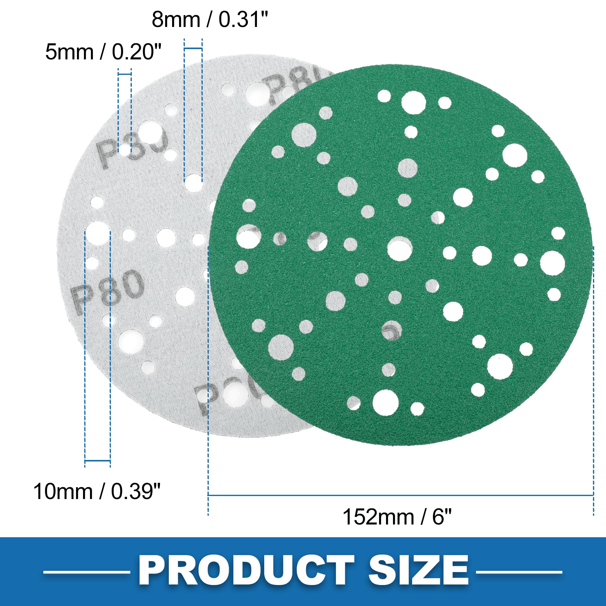 A ABSOPRO Sanding Discs 6 Inch 49 Hole 80 Grit Round Hook and Loop Sandpaper Aluminum Oxide Green 50pcs, 6" - Image 4