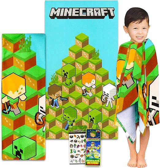 Minecraft Bath Towel Set for Kids Bundle with 27" x 54