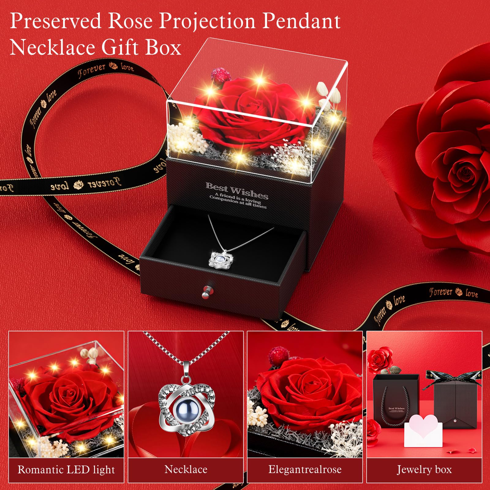 Preserved Red Rose Necklace with I Love You Heart - Forever Flowers Romantic Gifts for Women Mom Wife Girlfriend Grandma, Perfect for Valentine's Day Mother's Day Christmas Anniversary Birthday