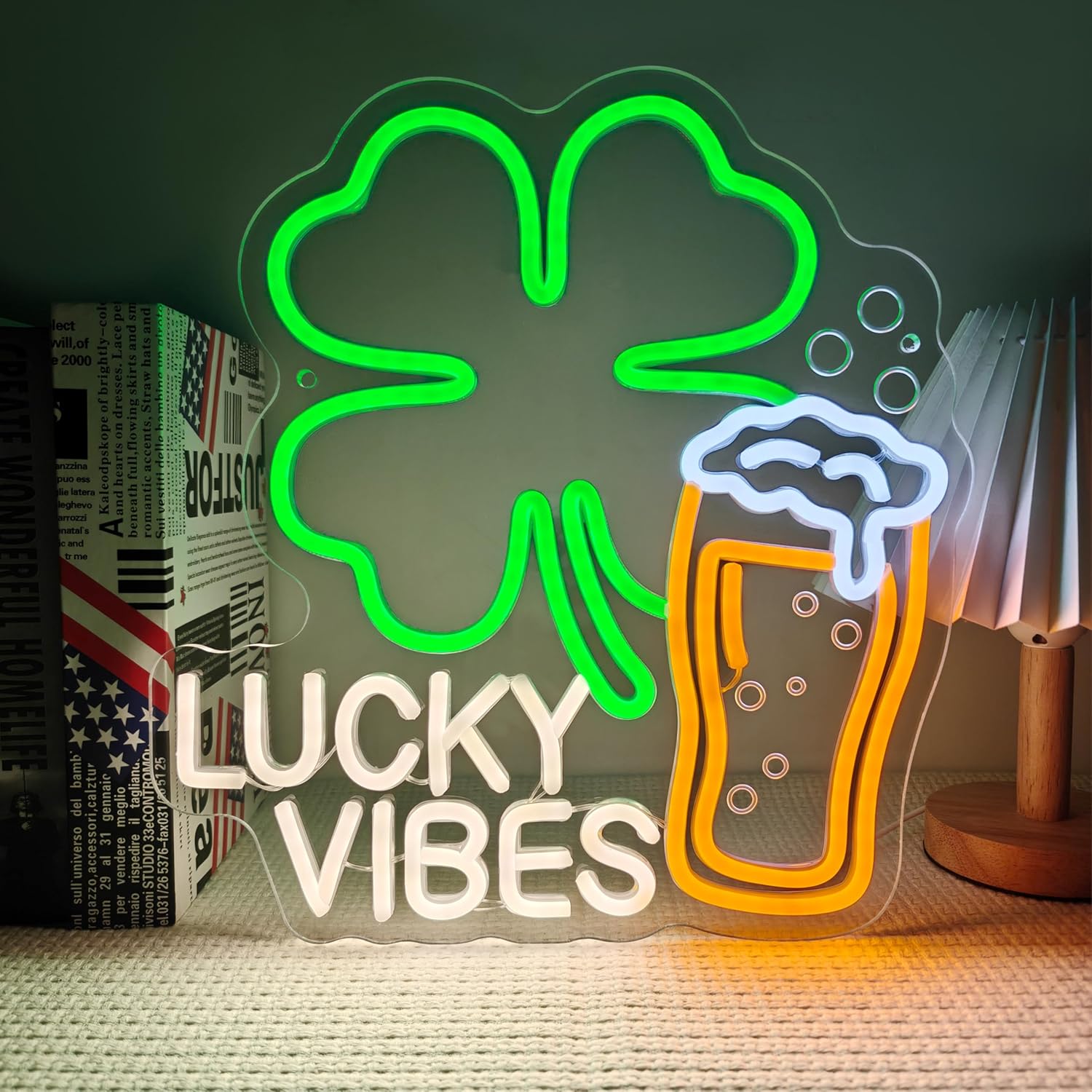 Lucky Vibes LED Neon Sign Beer Mugs & Shamrock St. Patrick's Day Decor Green Dimmable Wall Art for Home Bar Pub Man Cave & Party USB Powered (12.6" x 13.4")