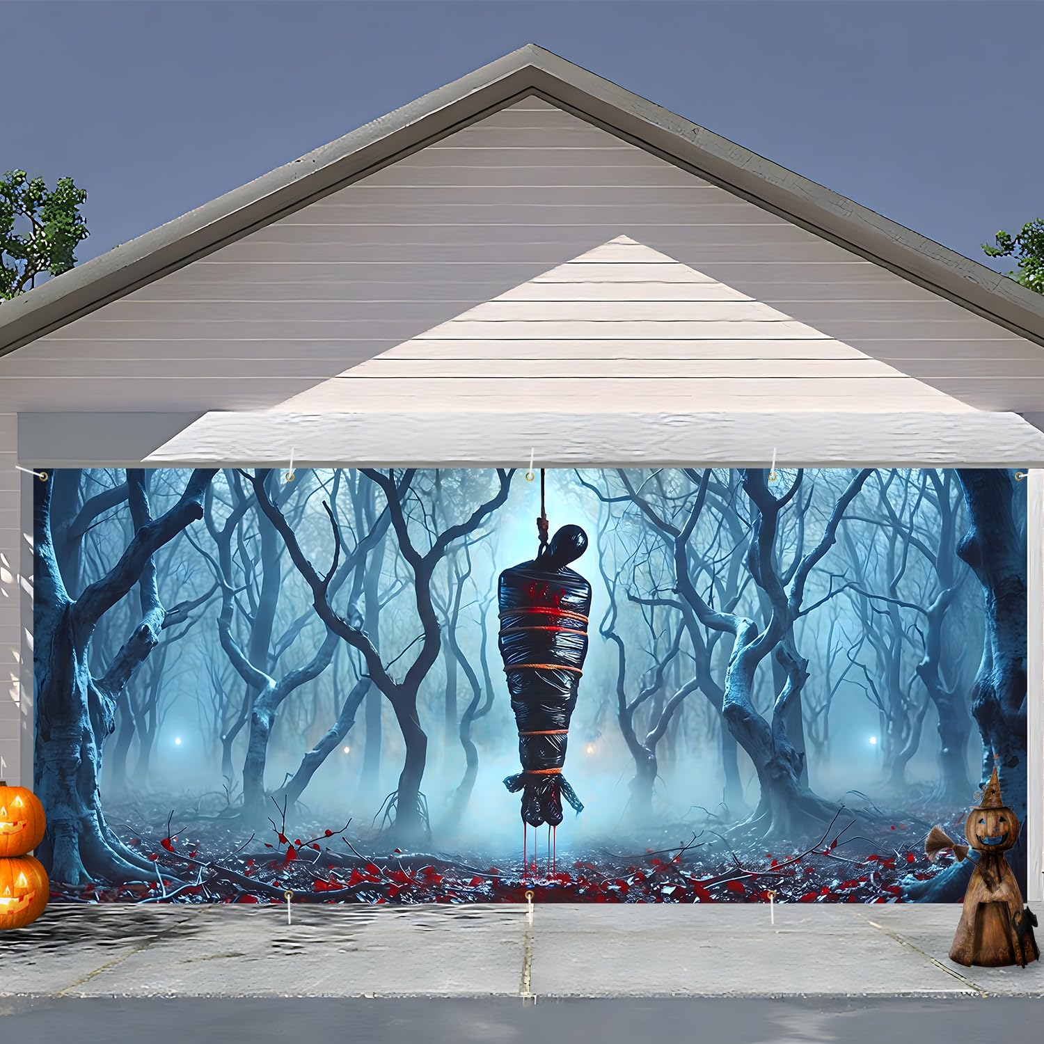 Hanging Body 7 x 16 ft Halloween Garage Door Decorations Halloween decorations Witch Door Cover, Hanging Banner,Backdrop Mural for Home, Outdoor, Indoor, Spooky Party, Wall, Window