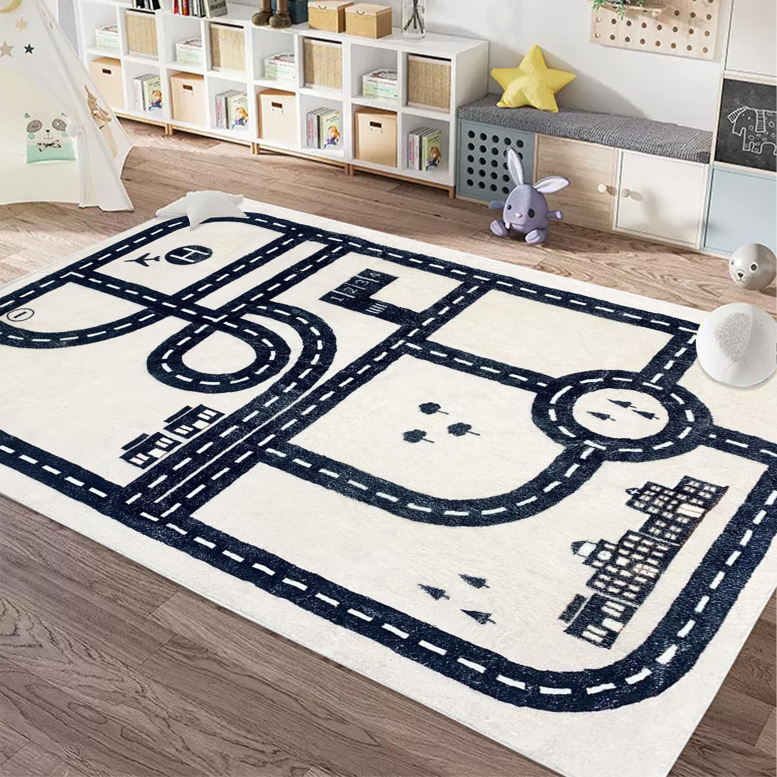 USTIDE Kids Rug City Roads Map Tracks Play Mat for Playing with Cars Soft Non-Slip Traffic Rug for Bedroom Playroom Classroom Nursery Educational Rug, 5x7ft