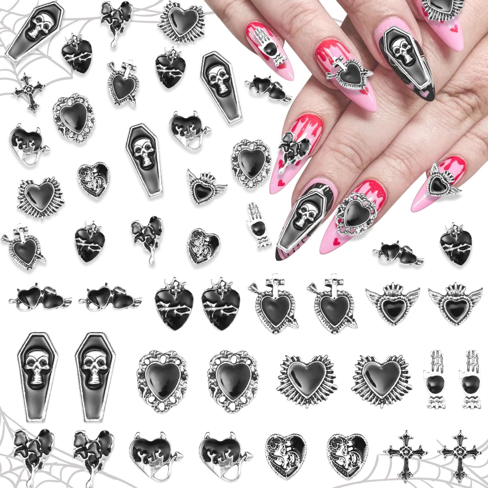 24 Pcs Halloween Nail Charms, Gothic Black Tombstone Cross Nails Art Charm
