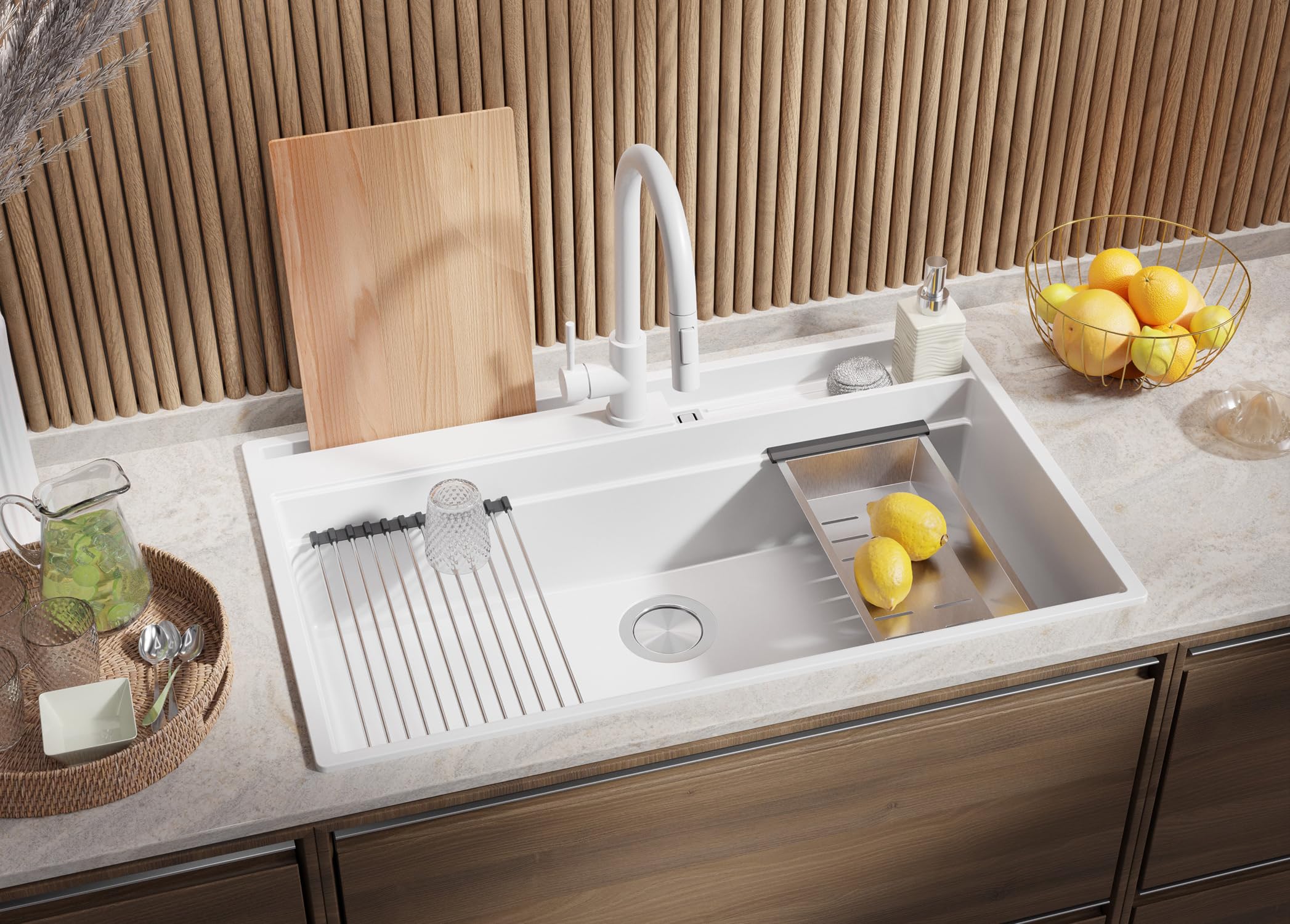 PRIMAGRAN Lavello da Cucina Bianco 88x53cm, Lavandino in Granito a 1 vasca + Sifone Classico, Lavabo da Cucina Incasso al Mobile 90cm - Oslo 90 Pocket S456