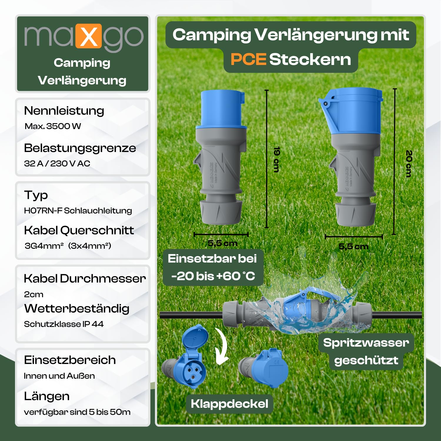 CEE Verlängerungskabel 10m 32A H07RN-F 3x4mm² mit MENNEKES Stecker & Kupplung 230V Kabel Outdoor Verlängerungskabel für Landstromanschluss Wohnmobil Caravan Camping Stromkabel & Werkstatt Industrie