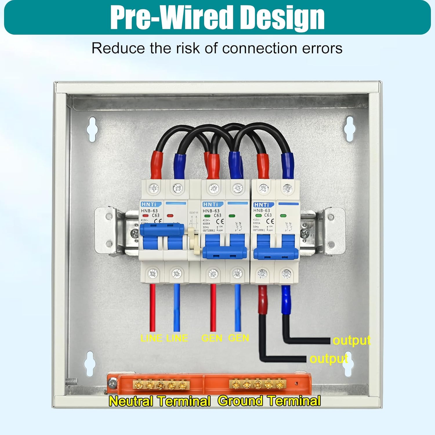 Generator Transfer Switch,63 Amp Manual Transfer Switch, 120/240-Volt Transfer Switch,15,000 Watt Prewired Transfer Switch for Home Generator and Solar Power Systems,with Overload Protection (63A-2P)