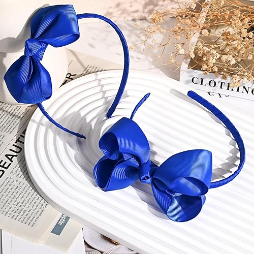 Miniatura 5 de DEEKA 2 diademas de lazo azul real de 4 pulgadas, lazos para el pelo con cinta de grogrén para niños pequeños, accesorios para niñas pequeñas, juego