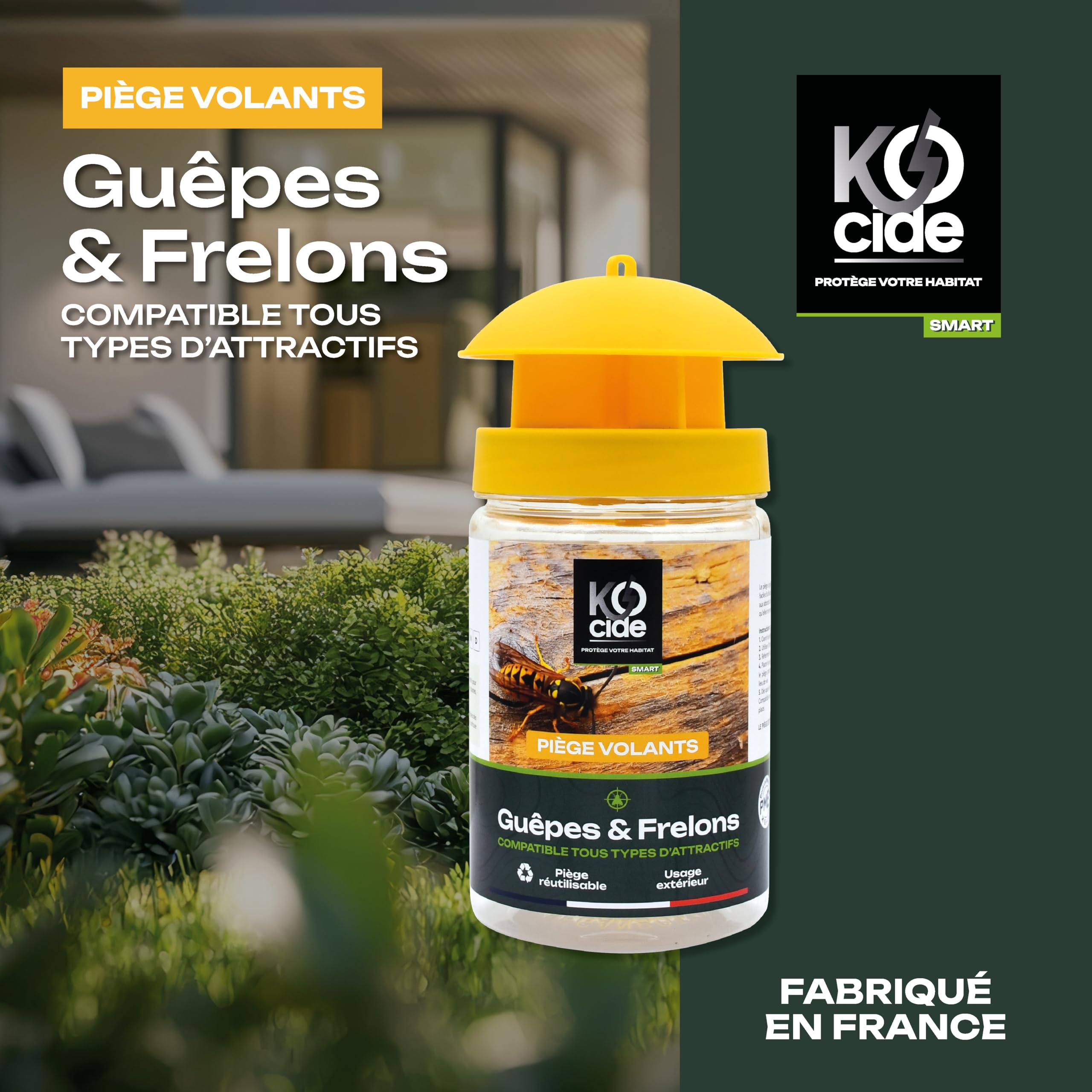 K-OCIDE – Piège Guêpes et Frelons - Réutilisable - Capture Efficace - Piège Extérieur Jardin, Terrasse, Piscine - Fabrication Française - 3