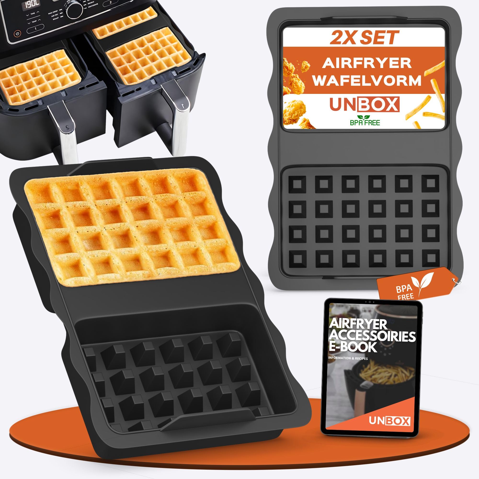 2 x Waffle Insert for Hot Air Fryer, Silicone Waffle Mould for Ninja AF400EU, AF451EU, SL400EU, AF500DE - Air Fryer Accessories, BPA-Free & Non-Stick - With E-Recipe Book