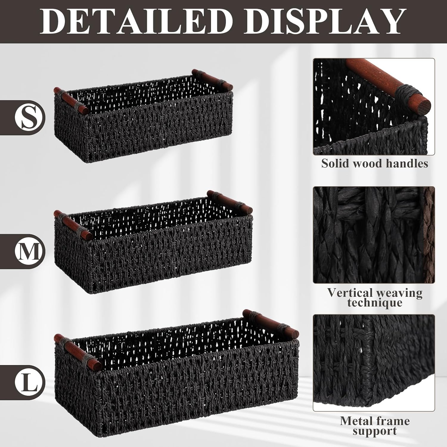 Boao 3 Pcs Boho Storage Wicker Baskets Handmade Woven Decorative Paper Rope Baskets for Organizing with Handle Countertop Toilet Paper Storage Container for Toilet Tank Top(Black,Rectangle)