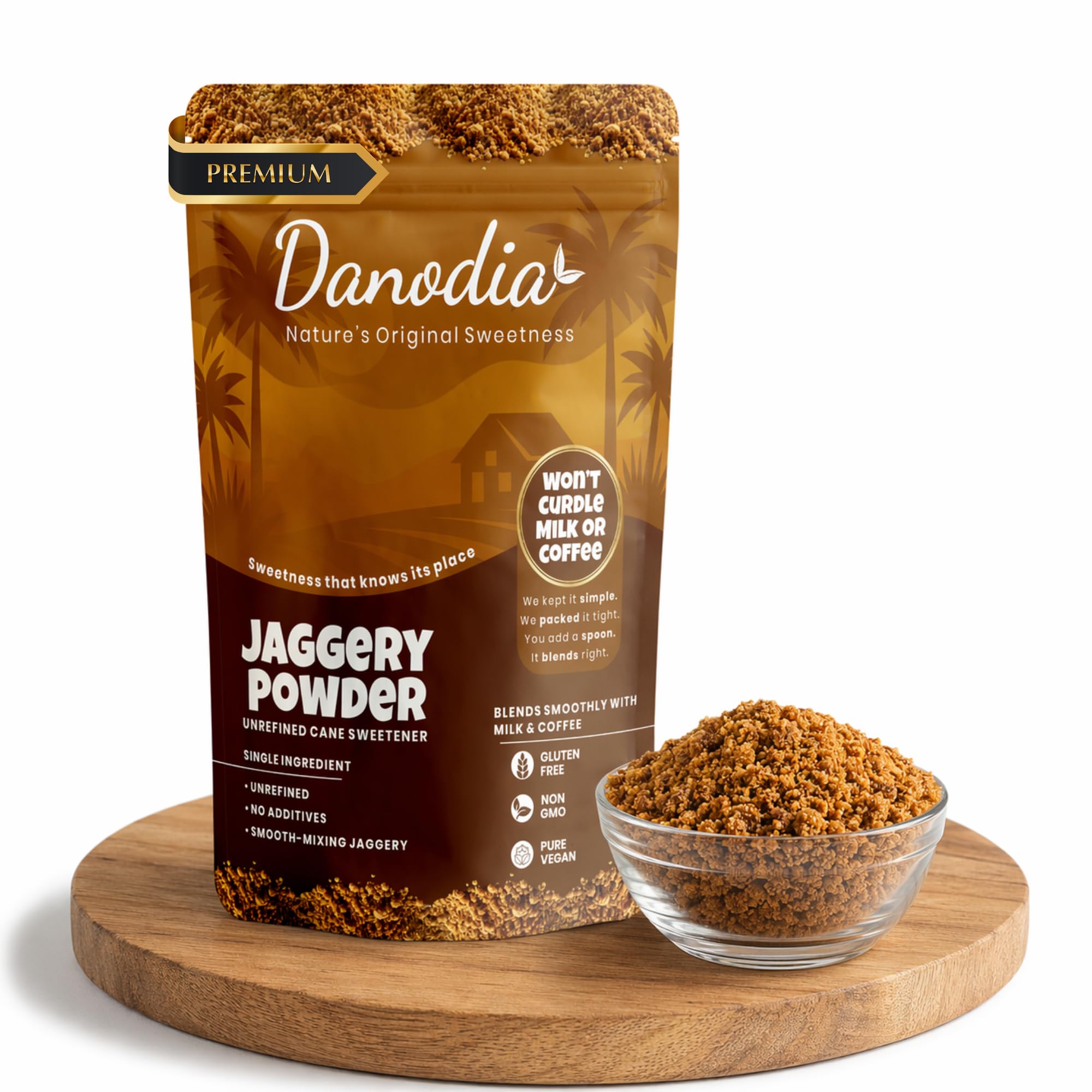 Danodia Foods Jaggery en Polvo 950 g / 2 lb, Endulzante Tradicional en Bolsa Resellable, Especialmente Formulado para Leche, Té, Café, Postres y Cocina Diaria