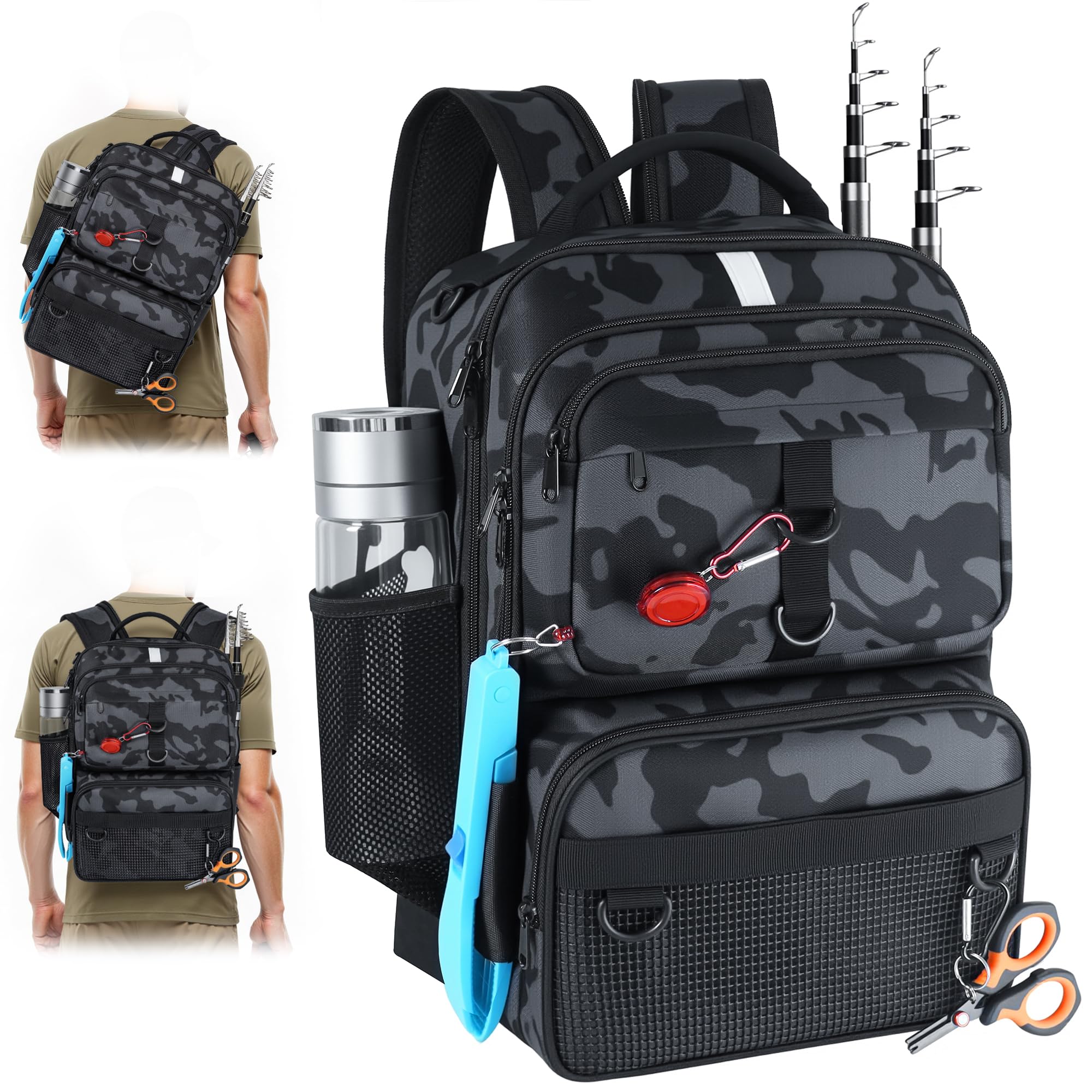 Fishing Backpack Tackle Box - Rod Holder & Lures -9