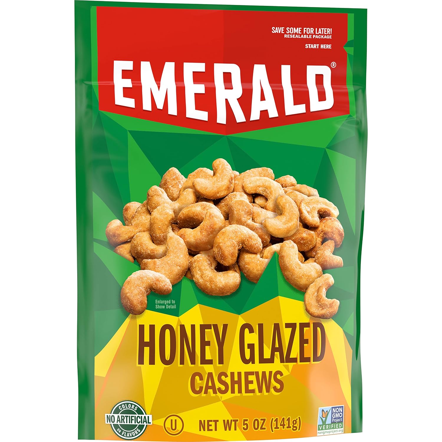 Emerald Nuts, Honey Glazed Cashews, 5 Oz Resealable Bag (Pack of 2)