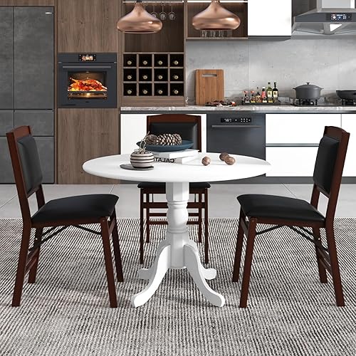 Miniatura 9 de COSTWAY Mesa de comedor redonda para 4, mesa de cocina de madera de 40 pulgadas con marco de madera de goma maciza, patas de caballete curvadas,